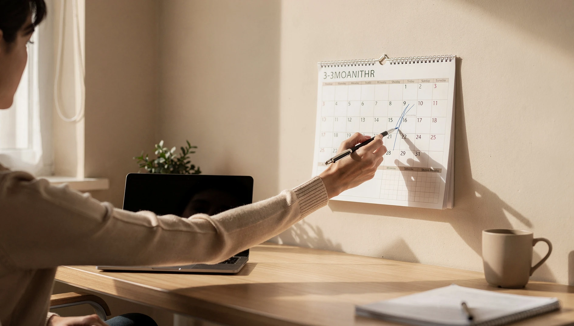 A person marking off a 3-month calendar at an organized desk with natural light