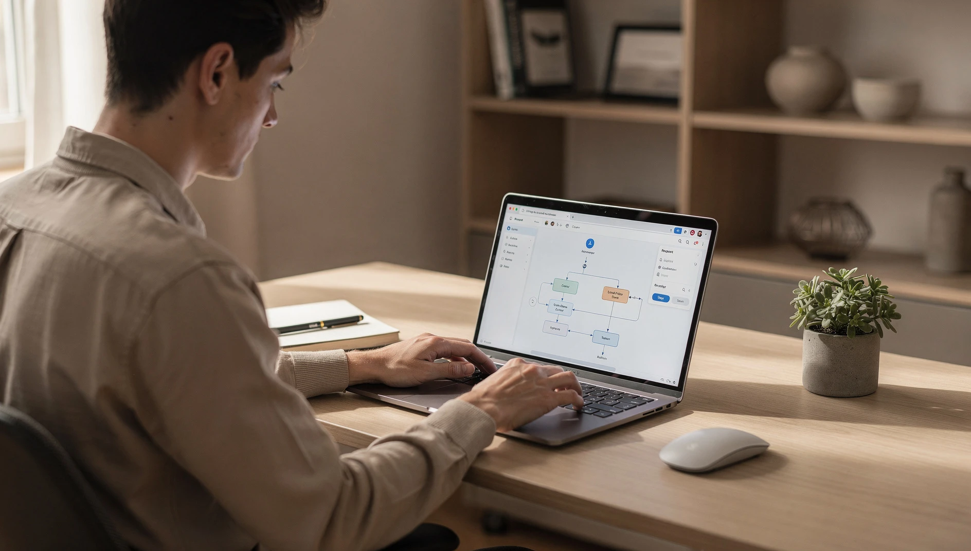 A person setting up workflow automations on a laptop at a clean organized home office desk