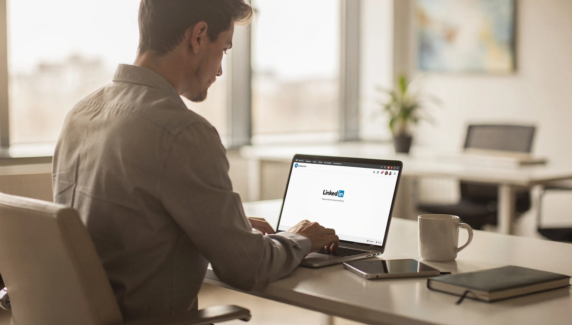 A professional updating their LinkedIn profile on a laptop in a bright modern office