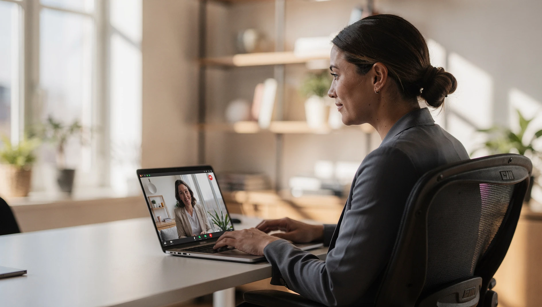 A coach on a video call with a client with a laptop open and a calm focused expression in a bright modern home office