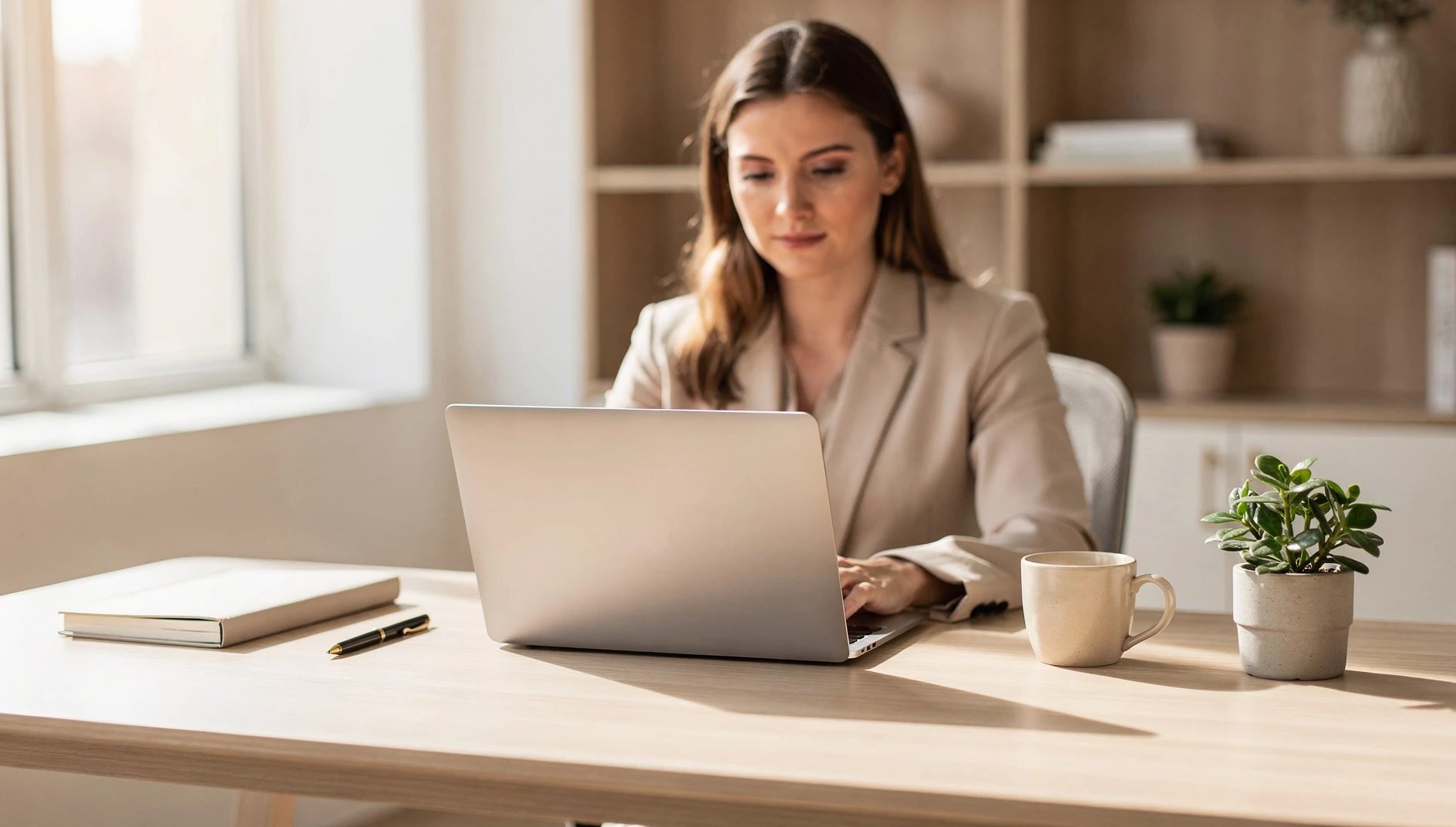 A professional at a clean desk with a laptop and neatly organized items in a calm productive environment with bright natural light