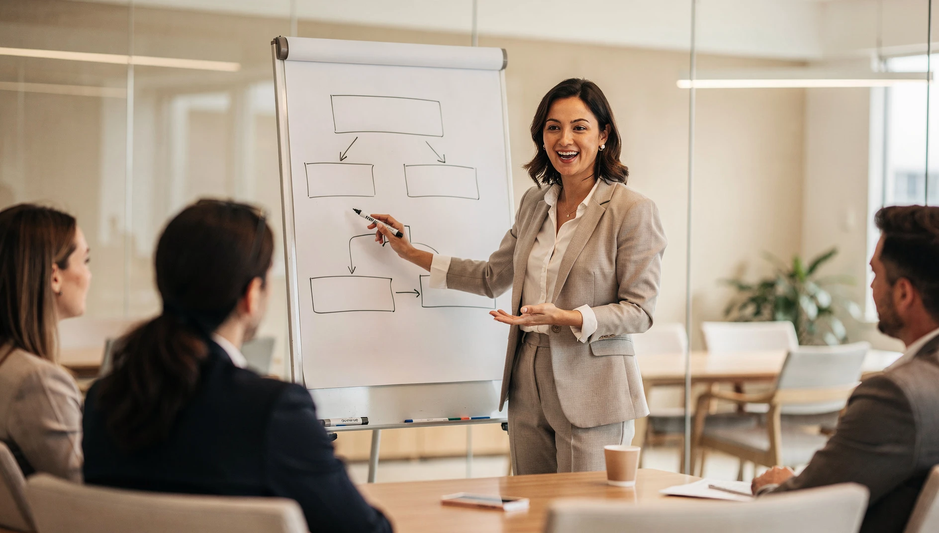 A coach standing at a whiteboard with a structured outline in an engaged and confident posture in a bright modern office with natural light