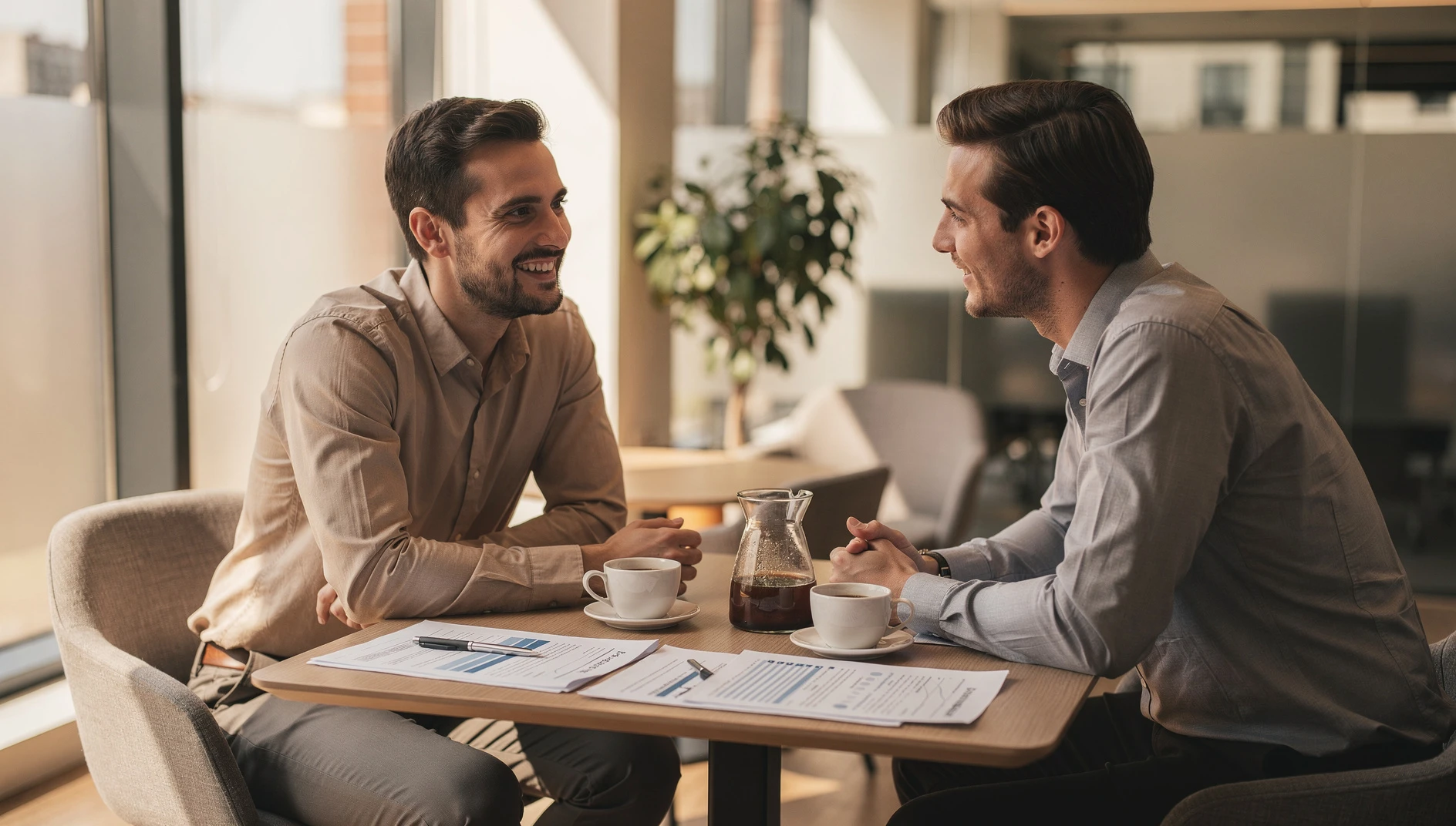 Two people having a relaxed first meeting at a table with paperwork and coffee in warm natural light in a modern office
