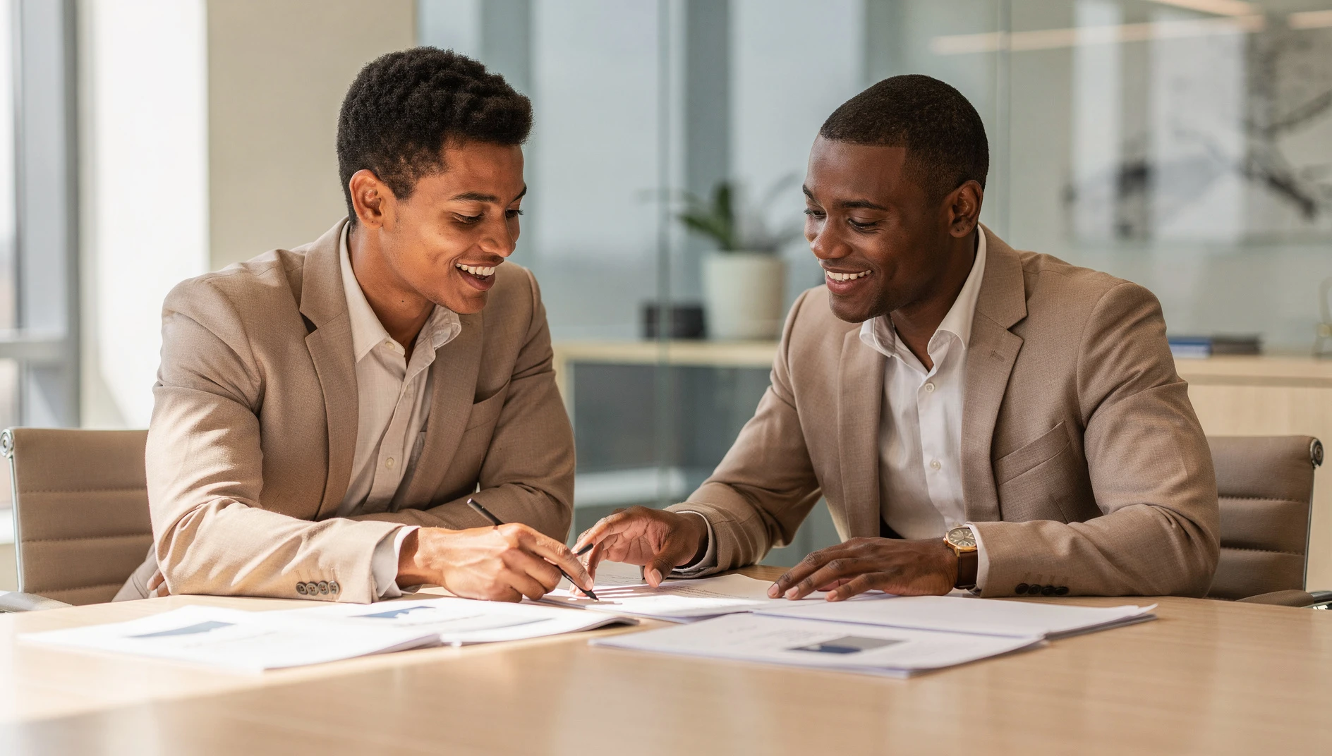Two professionals reviewing documents together at a modern conference table in bright natural light