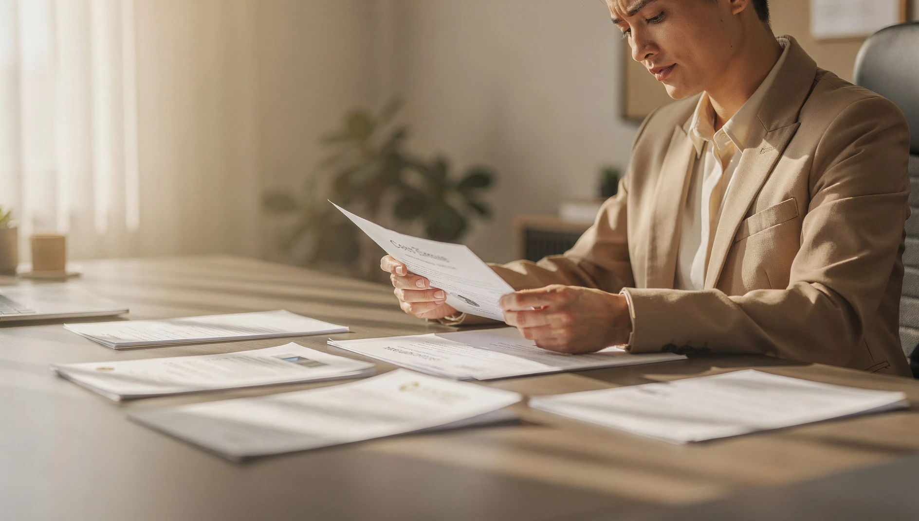 A person reviewing a certificate and papers at a desk in warm natural light
