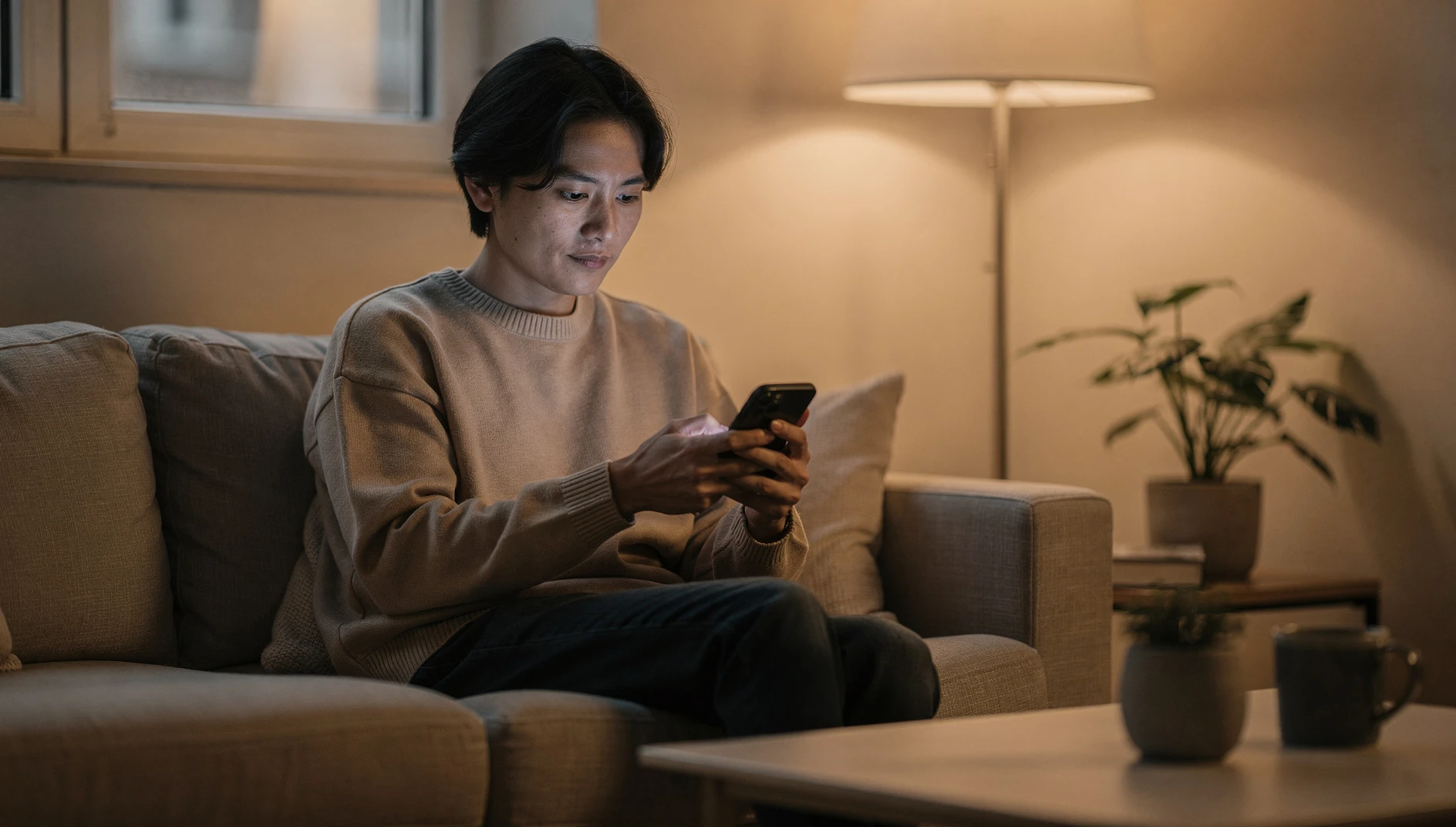 A person looking calmly at their phone with a measured expression in a home setting with soft evening light