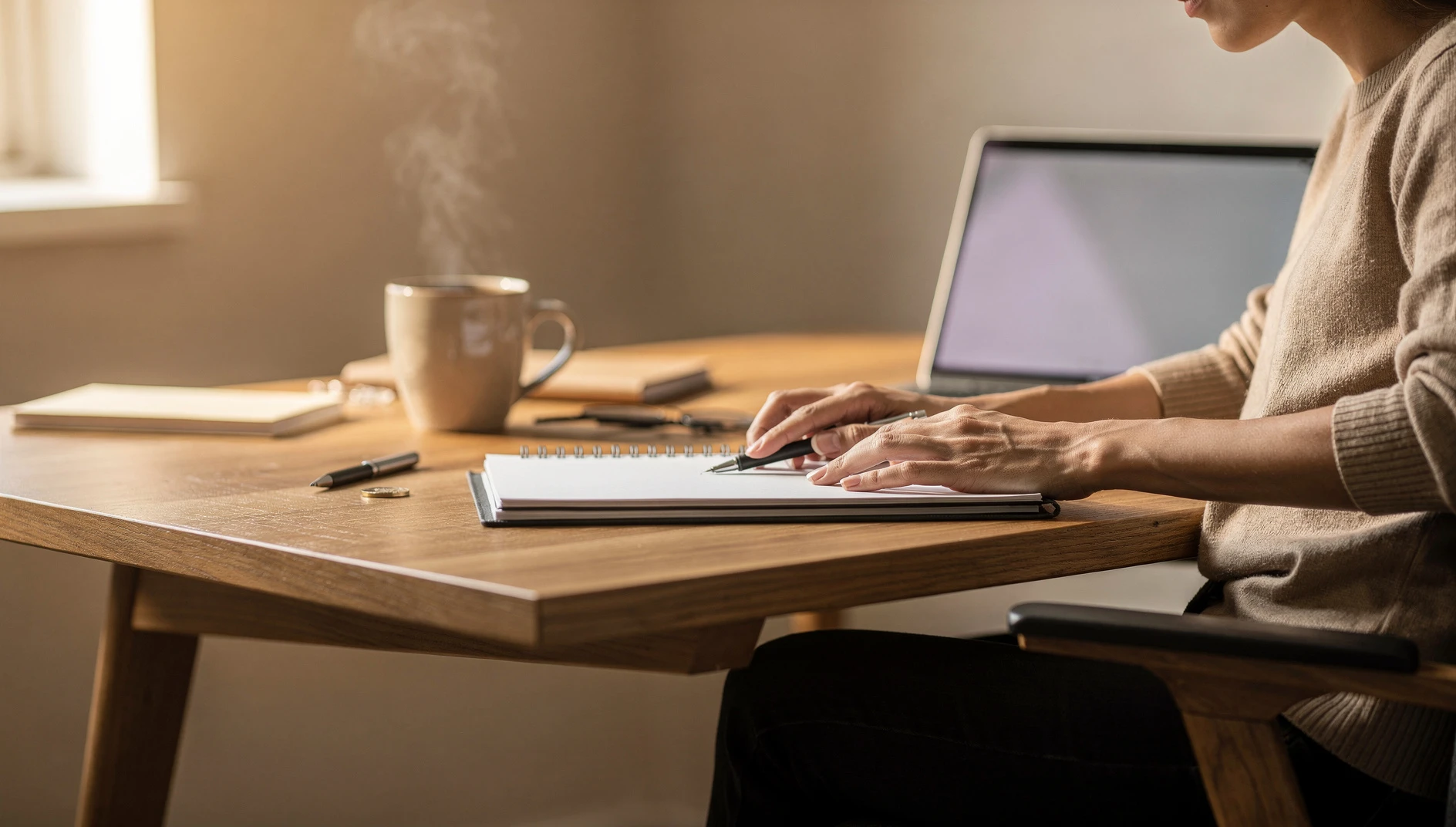 A person writing in a notebook at a wooden desk with a laptop and coffee in warm window light