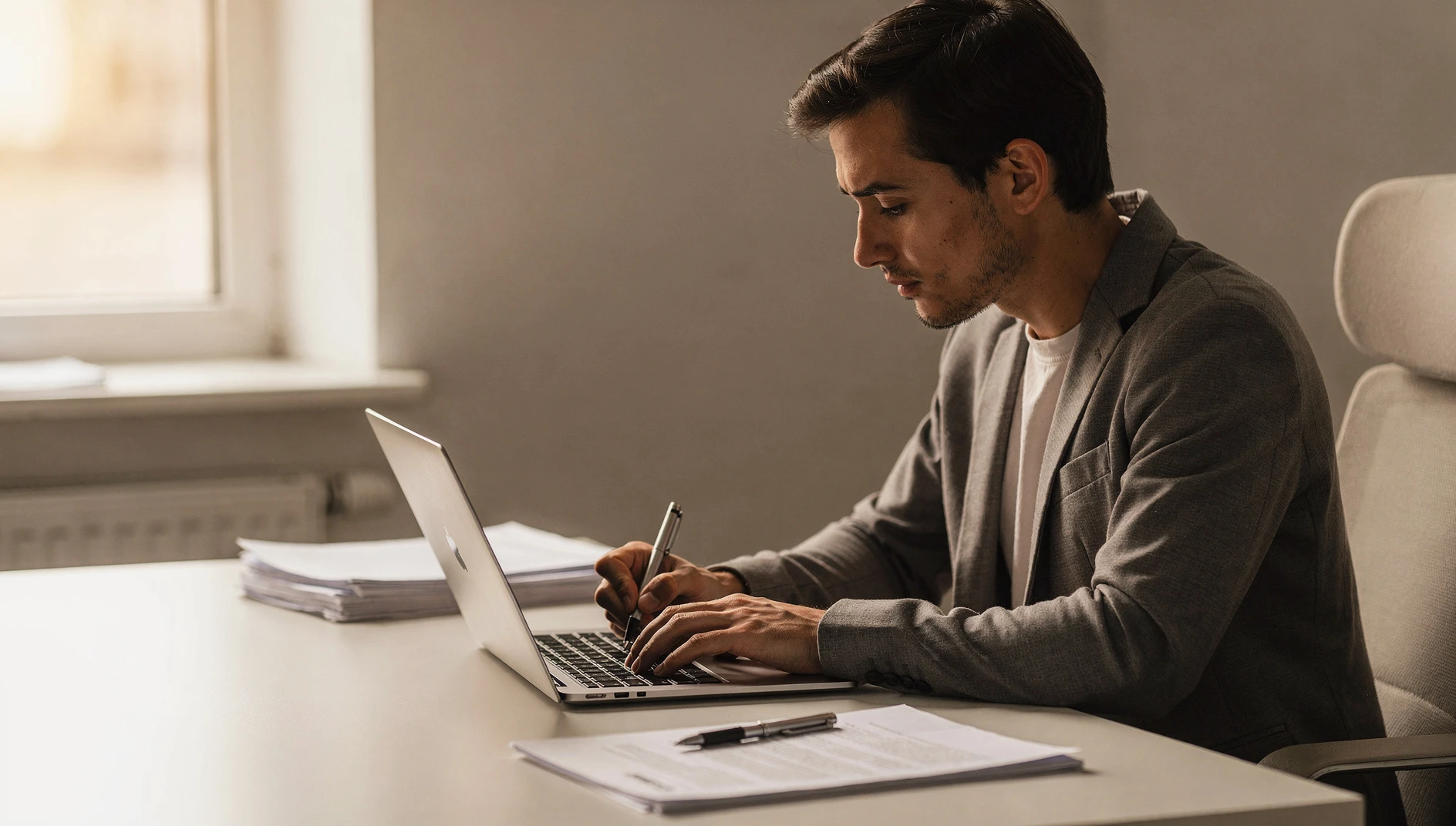 A person writing a professional document on a laptop at a clean desk with natural light and papers nearby