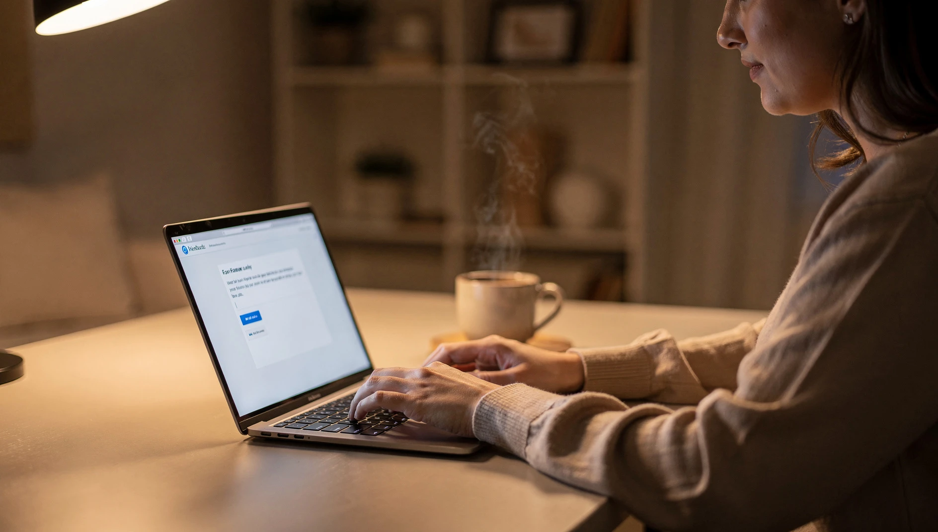 A person typing a brief follow-up email on a laptop with a coffee cup nearby in warm home office light
