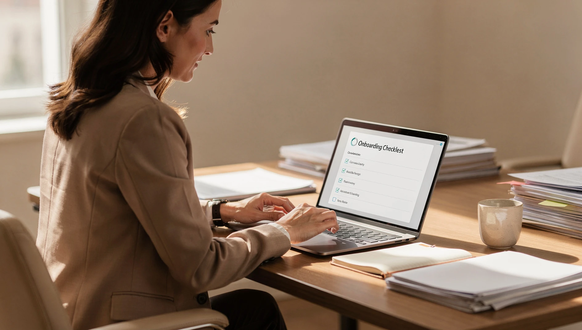 A coach reviewing a client onboarding checklist on a laptop with papers and coffee at a tidy desk