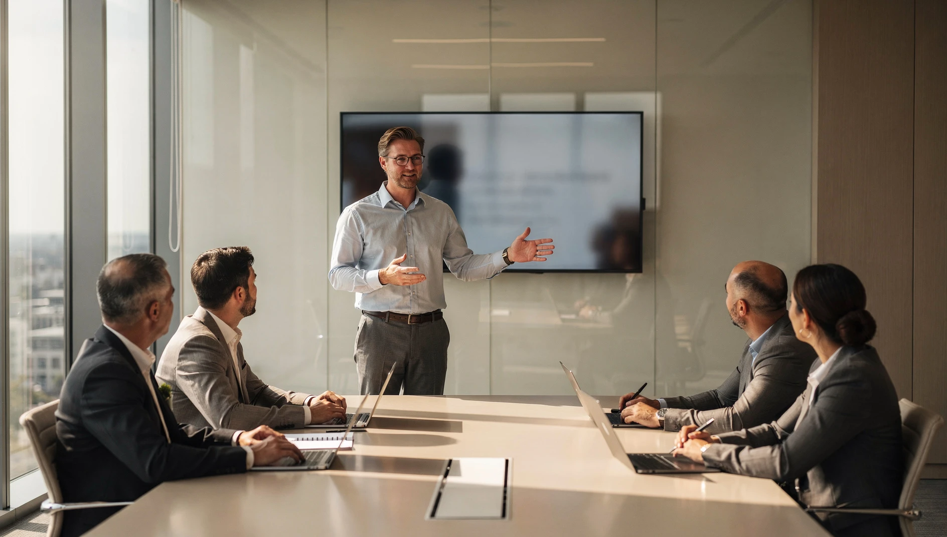 A professional presenting in a modern corporate boardroom with natural light from large windows