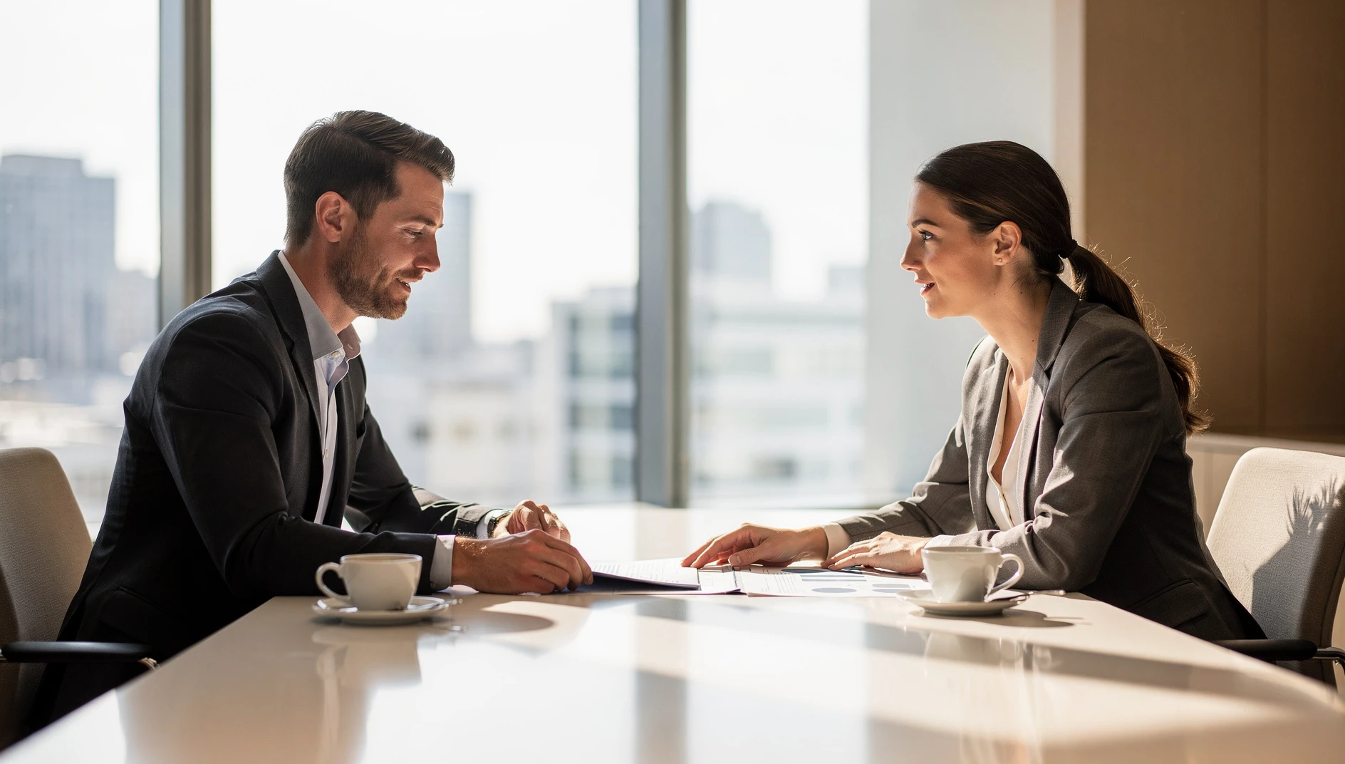 Two professionals reviewing a contract across a conference table in a modern office with natural light