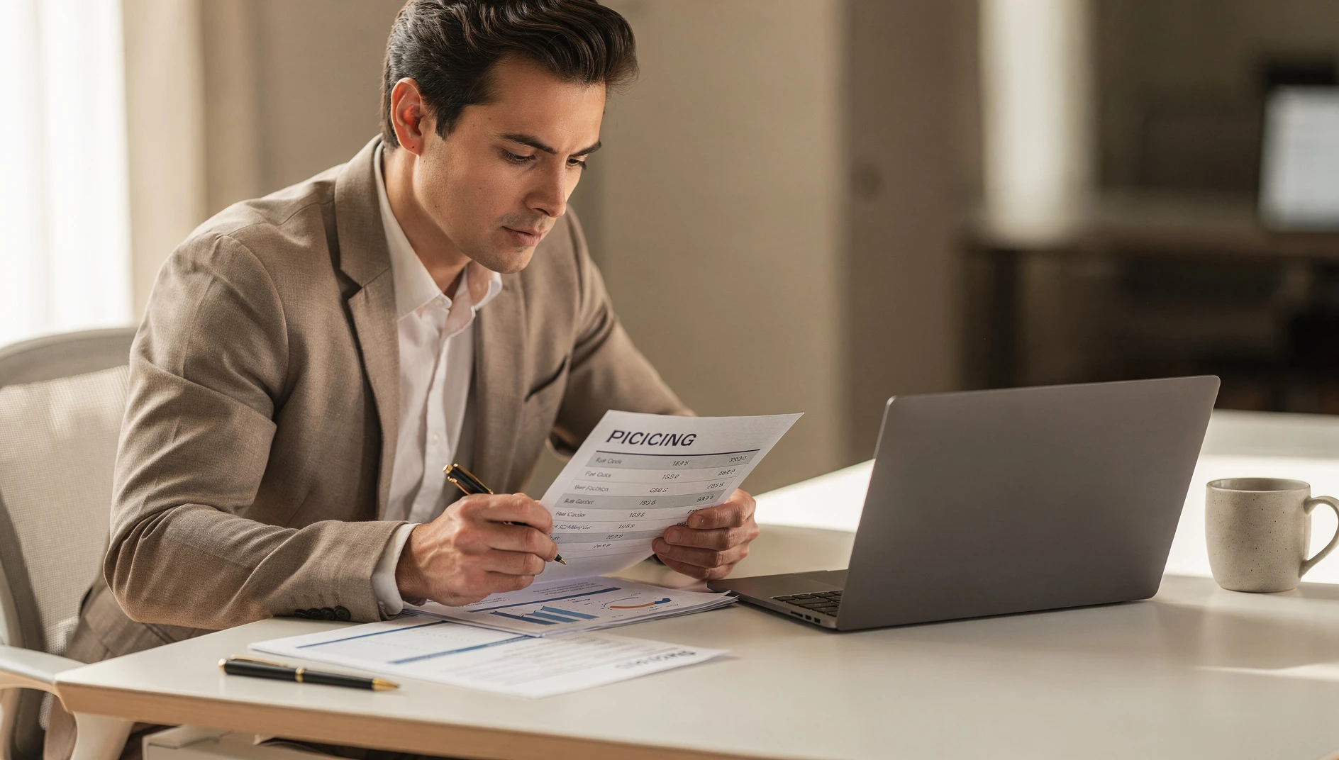 A professional reviewing a pricing proposal at a clean desk with natural light and a laptop nearby