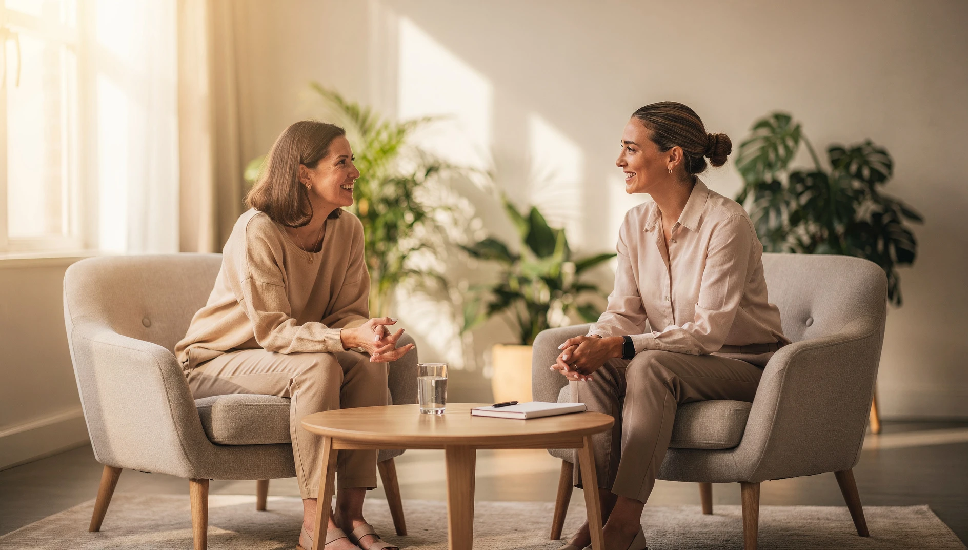 A coach and client in relaxed conversation in a bright wellness-style meeting room with plants and natural light