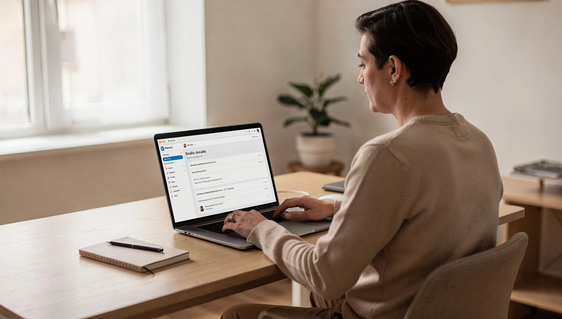 A person reviewing an email dashboard on a laptop in a bright home office with natural light