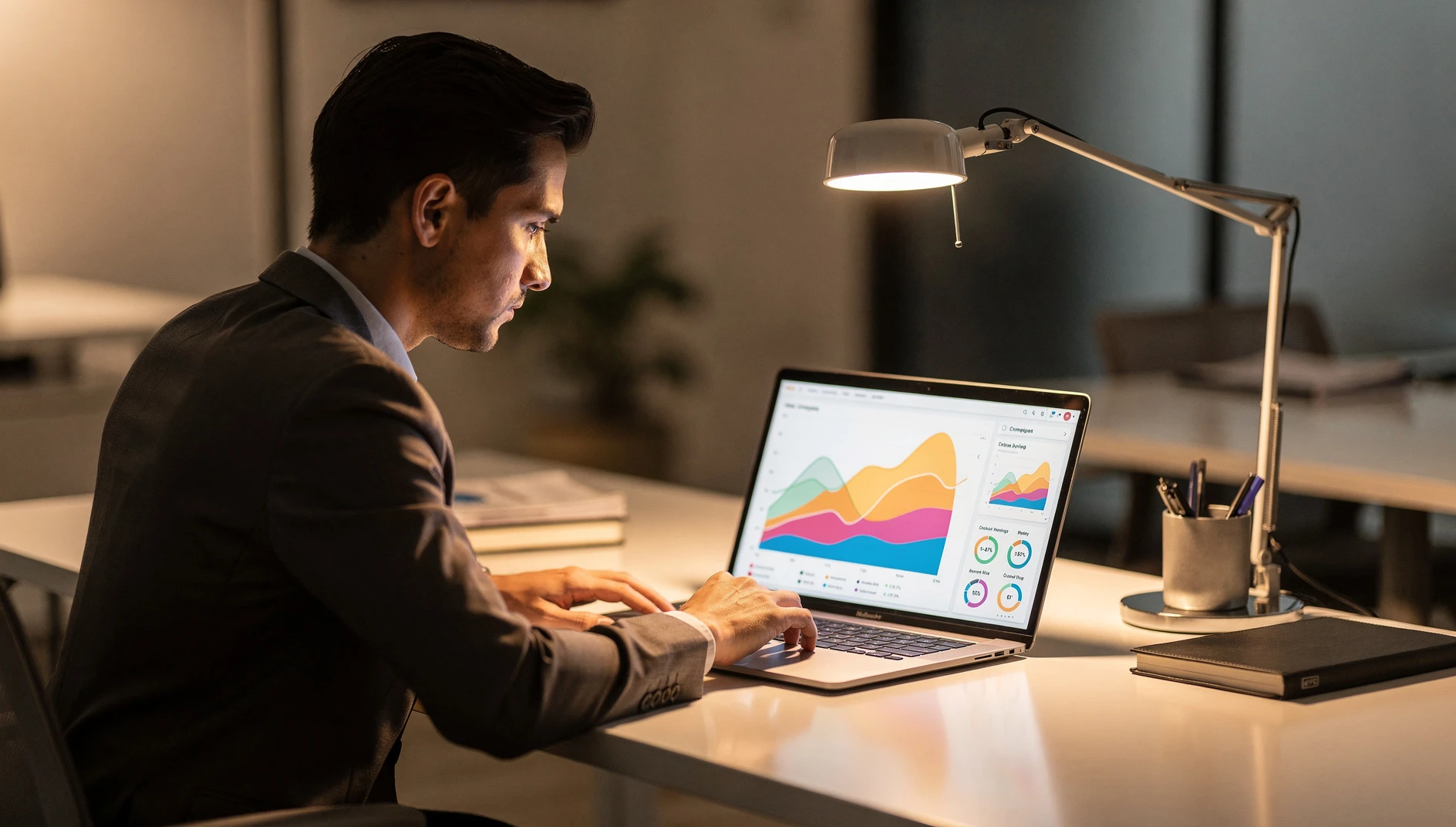 A professional reviewing campaign graphs on a laptop screen at a clean desk under warm lamp light