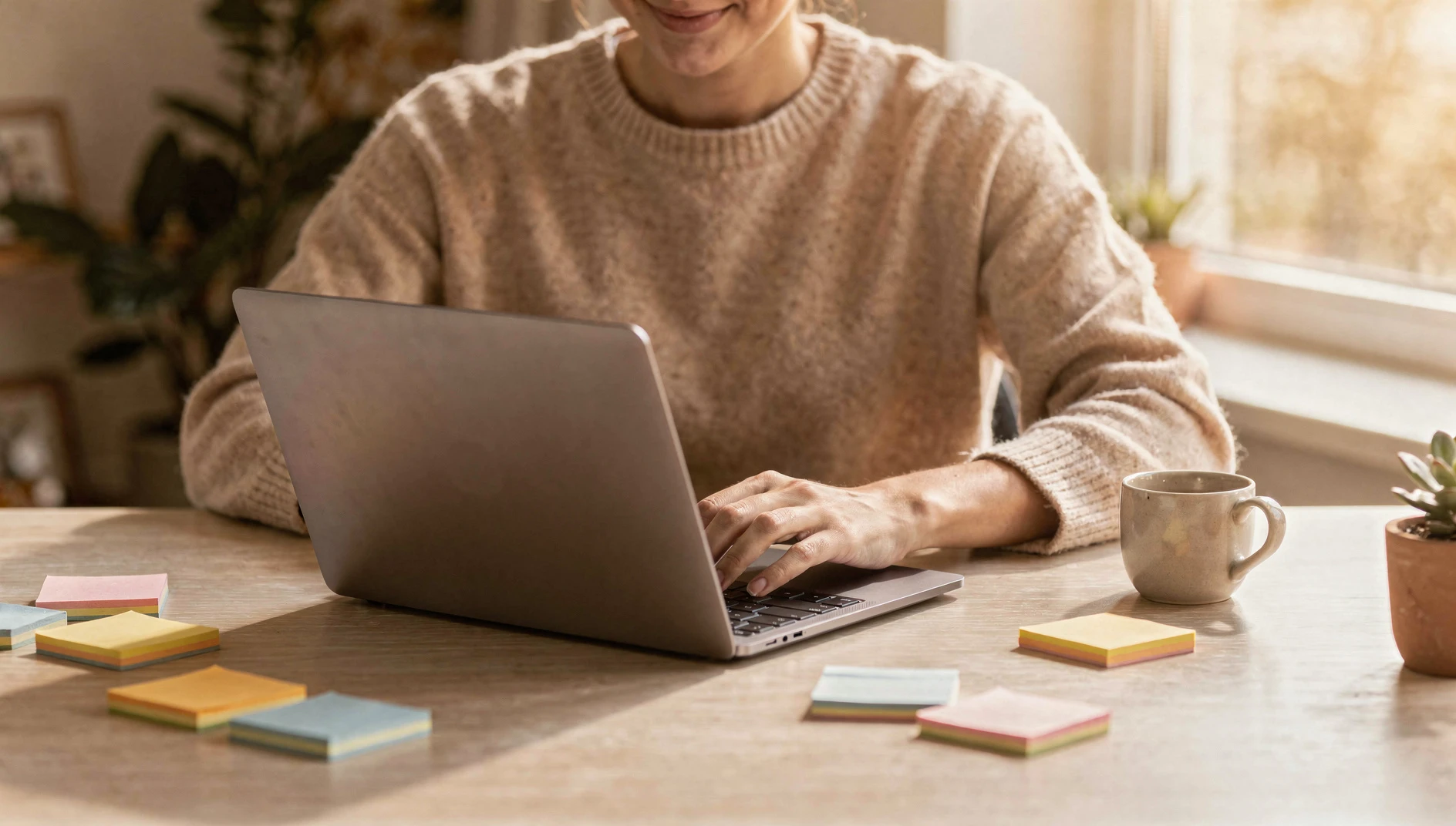 A person typing on a laptop at a bright desk with sticky notes and a coffee mug in warm window light