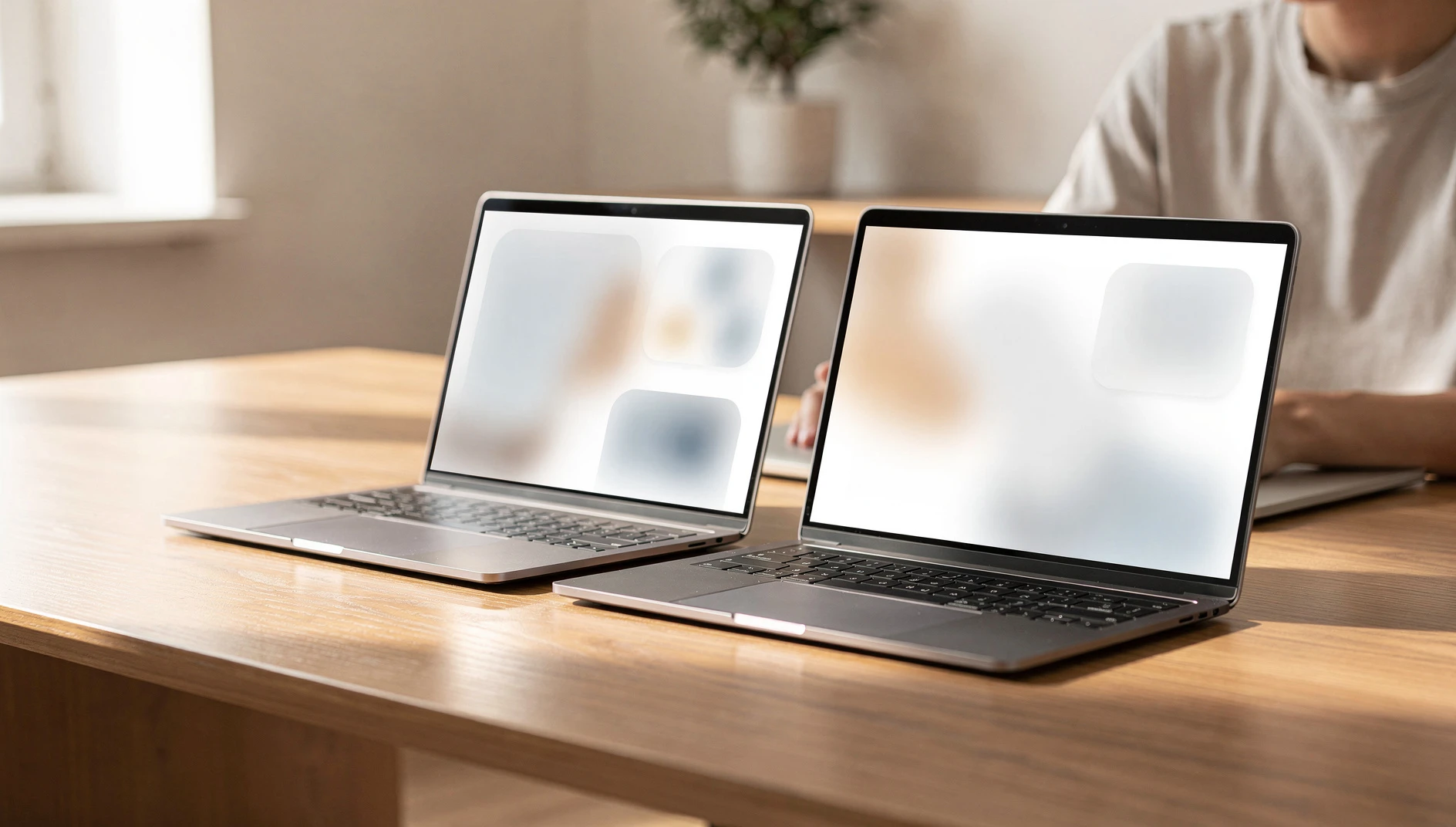 Two laptops open side by side on a desk with a person comparing content on both screens in bright natural light