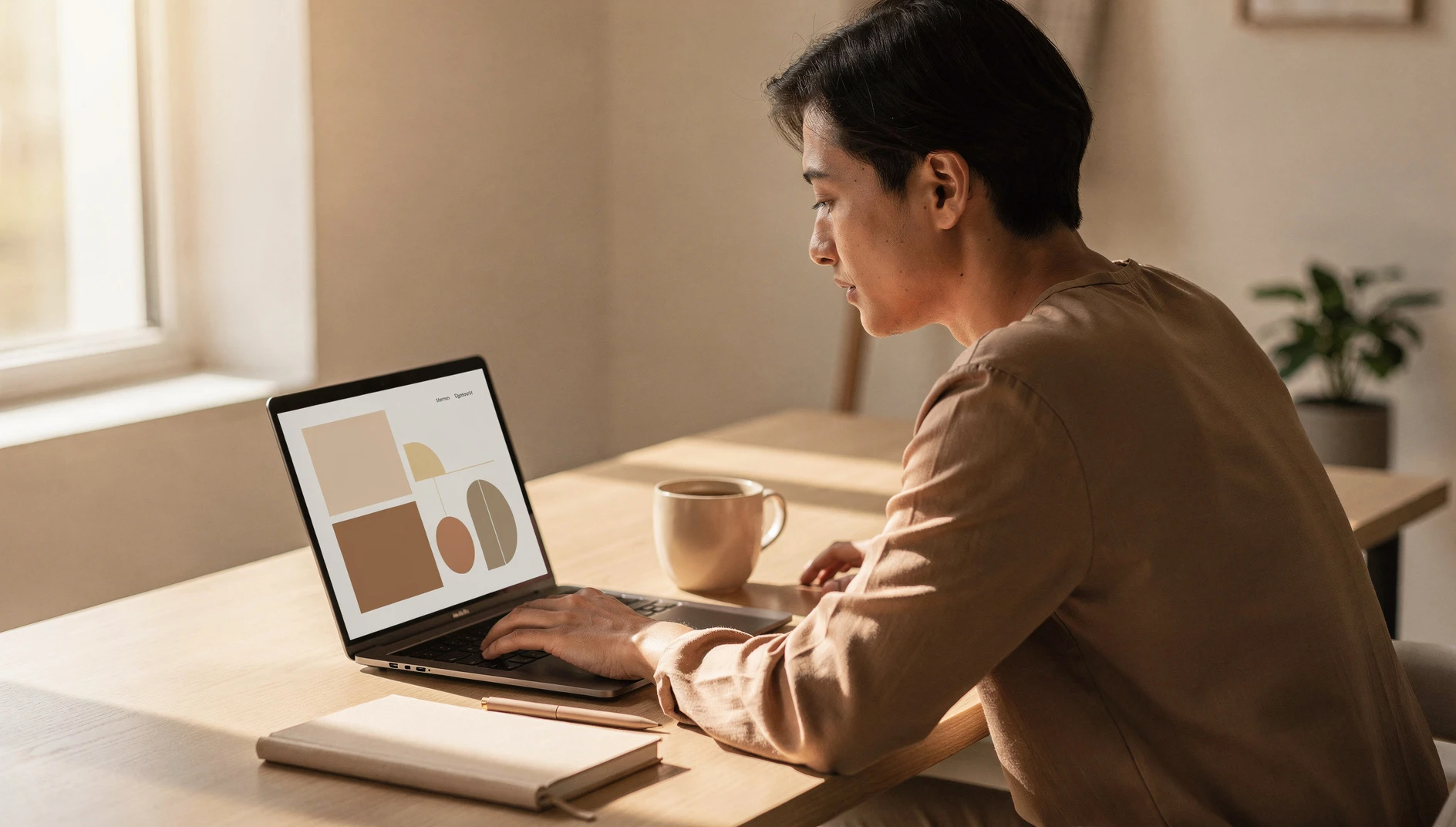 A person reviewing designed documents on a laptop at a stylish desk with natural light and a plant in the background