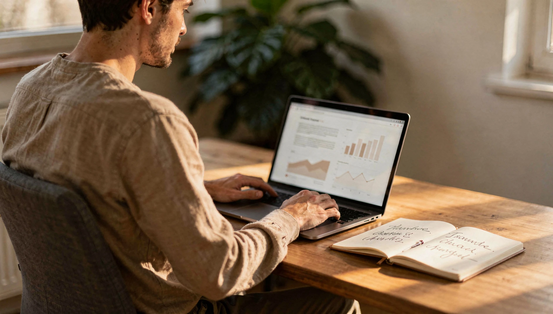 A person reviewing analytics on a laptop at a home office desk with handwritten notes and a plant in warm natural light