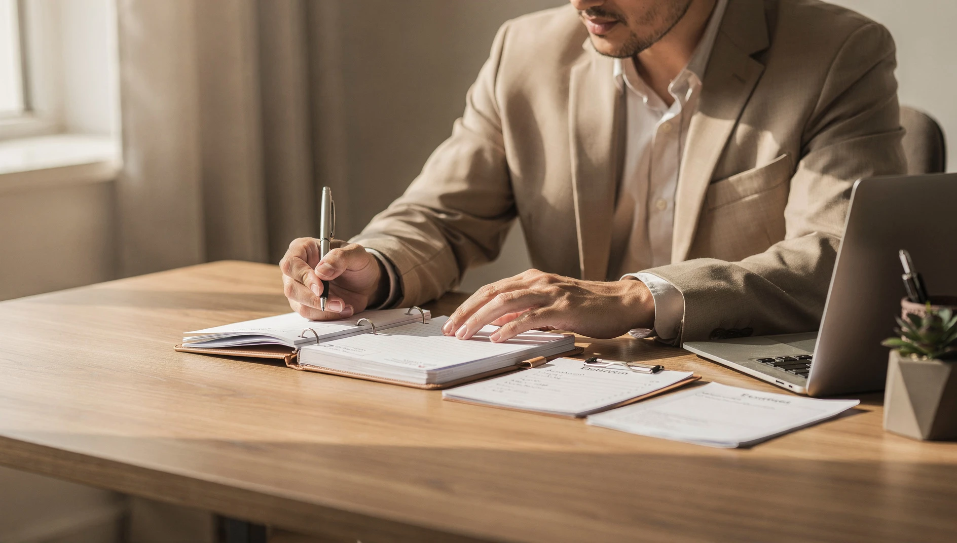 A coach reviewing a planner and client notes at an organized desk with a professional atmosphere and soft natural light