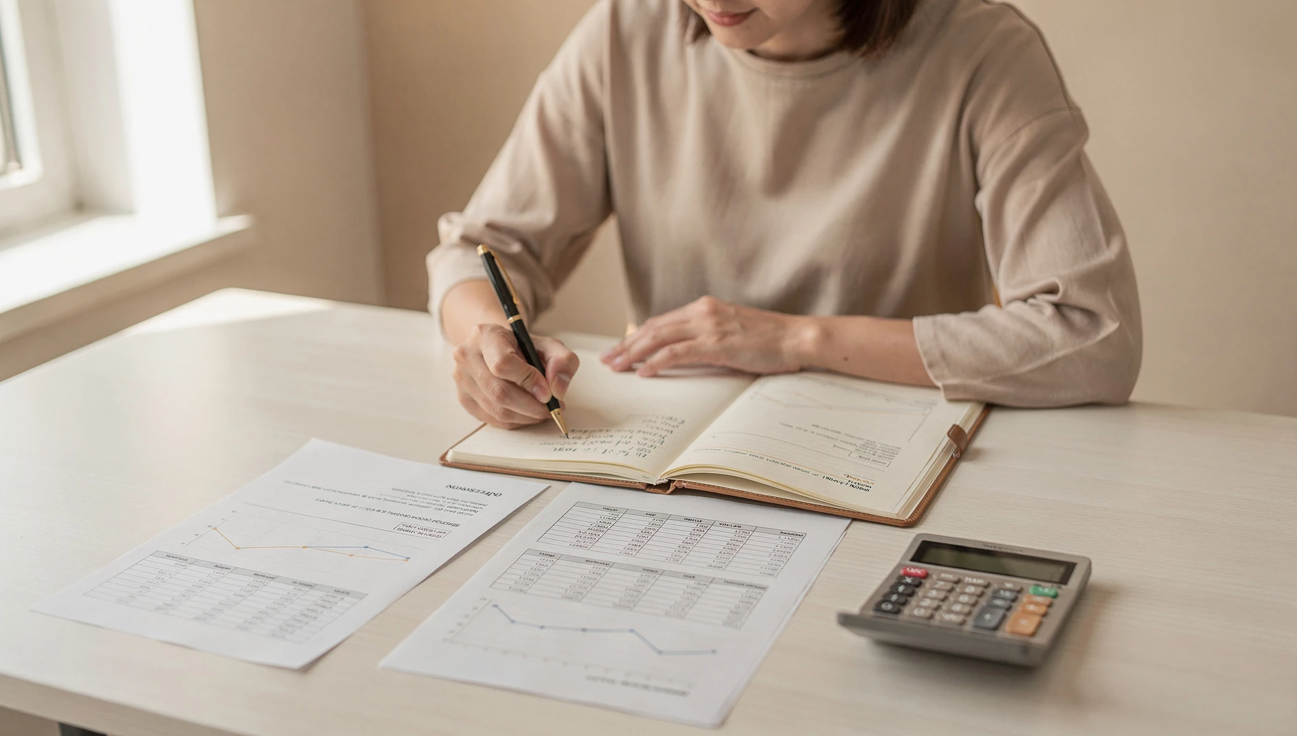 A person reviewing financial documents and a notebook at a bright desk with soft window light