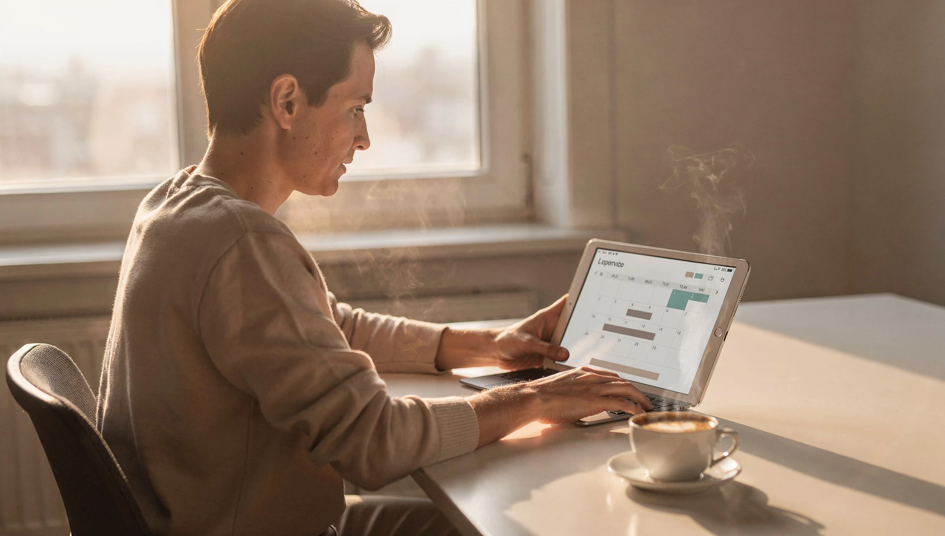 A person looking at a calendar on a tablet at a bright desk with morning light and a coffee cup