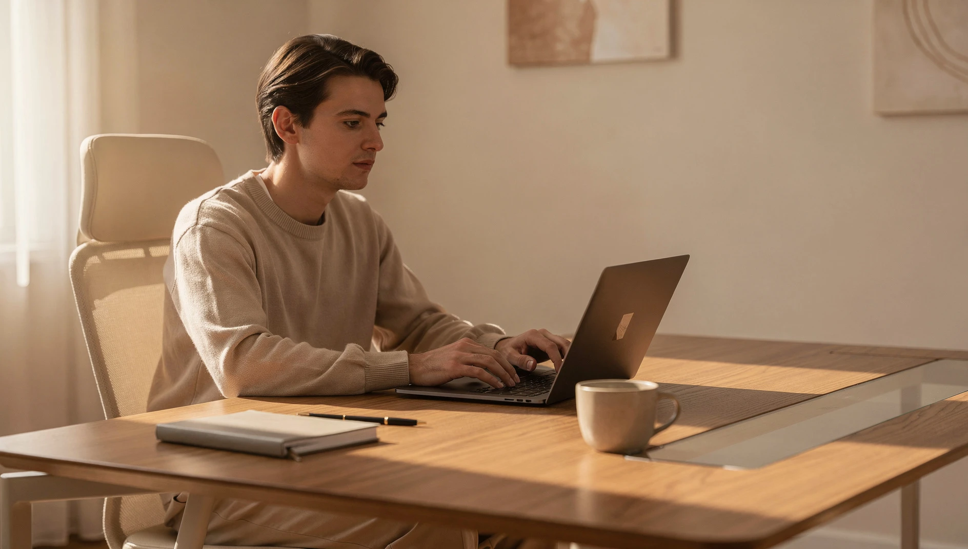 A professional working efficiently at a laptop at a relaxed organized desk with a coffee cup nearby in soft morning light