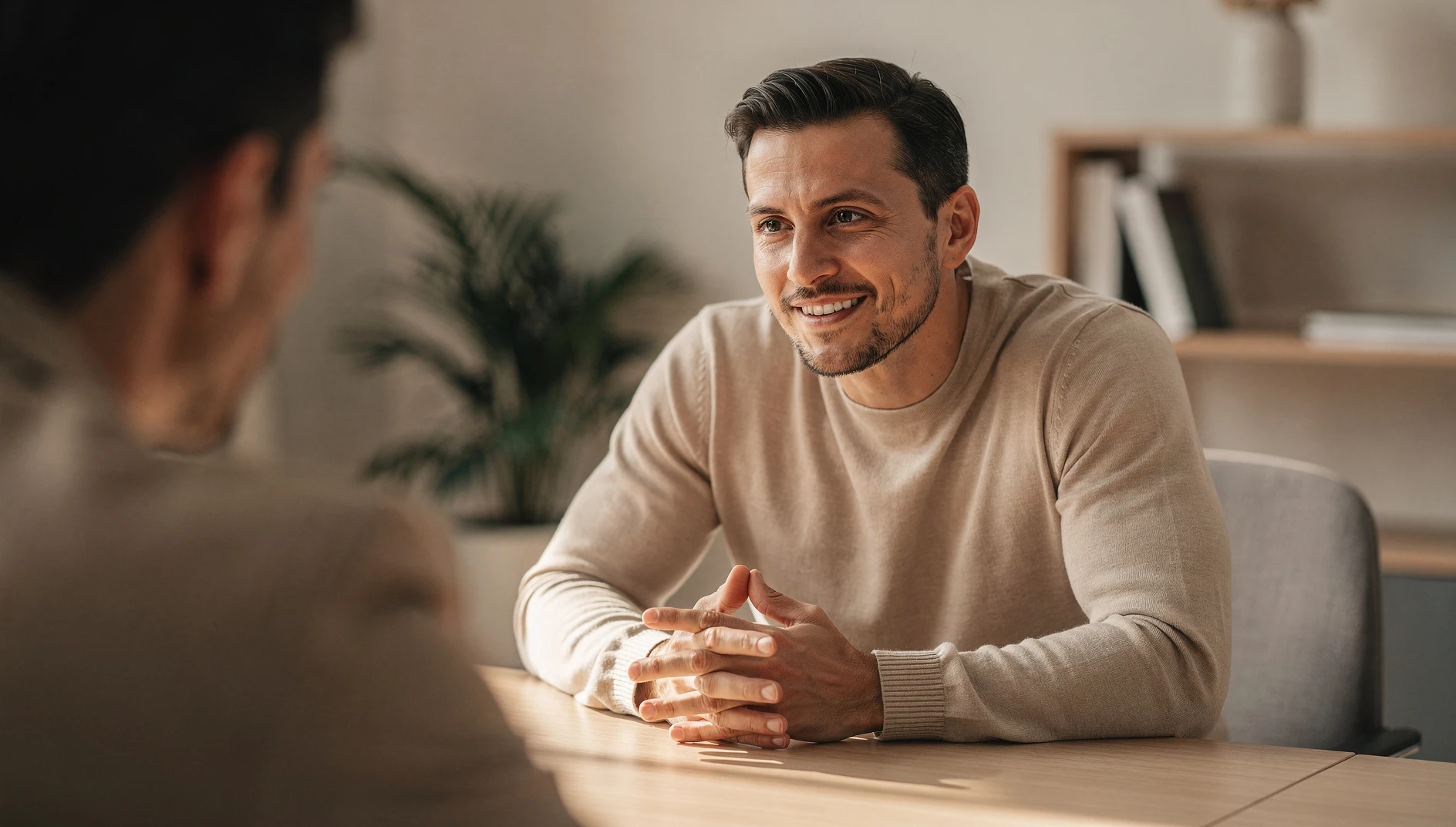 A coach leaning forward in active listening during a one-on-one conversation with a warm attentive expression in soft natural light
