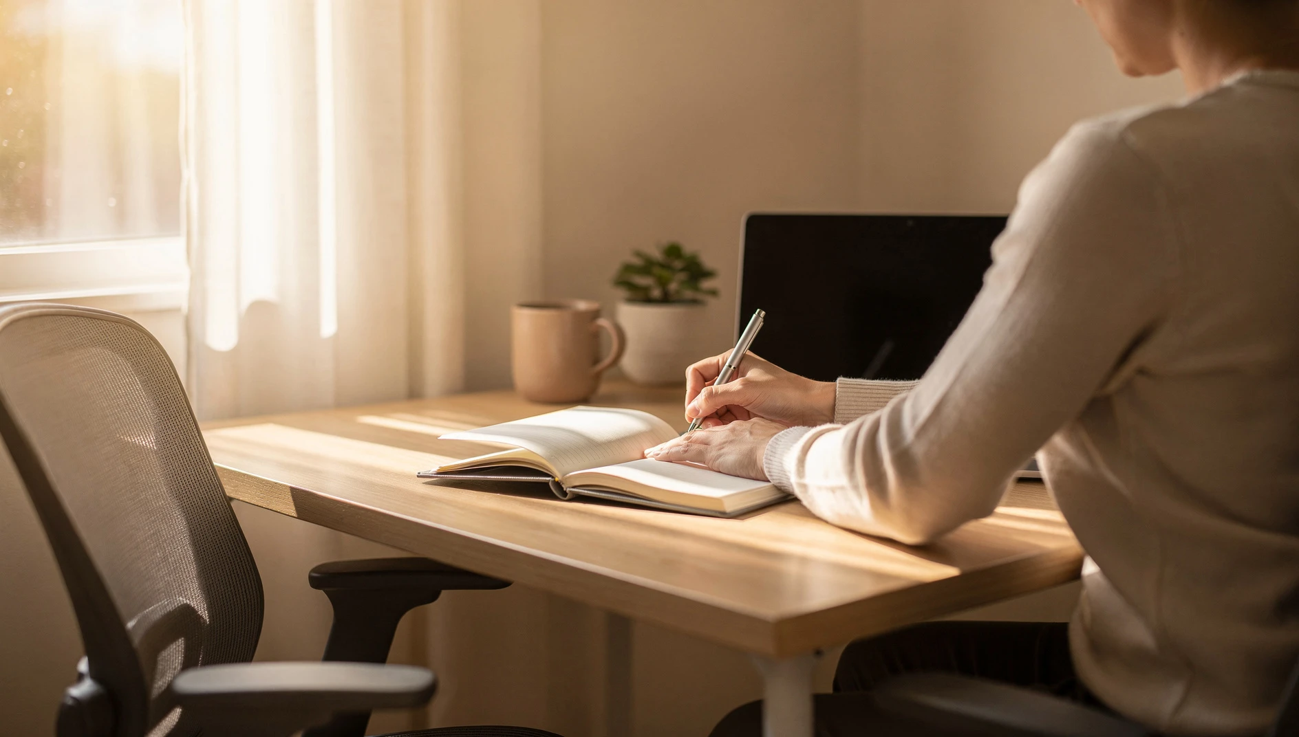 A person sitting at a bright desk writing in a notebook with a laptop open in warm morning light