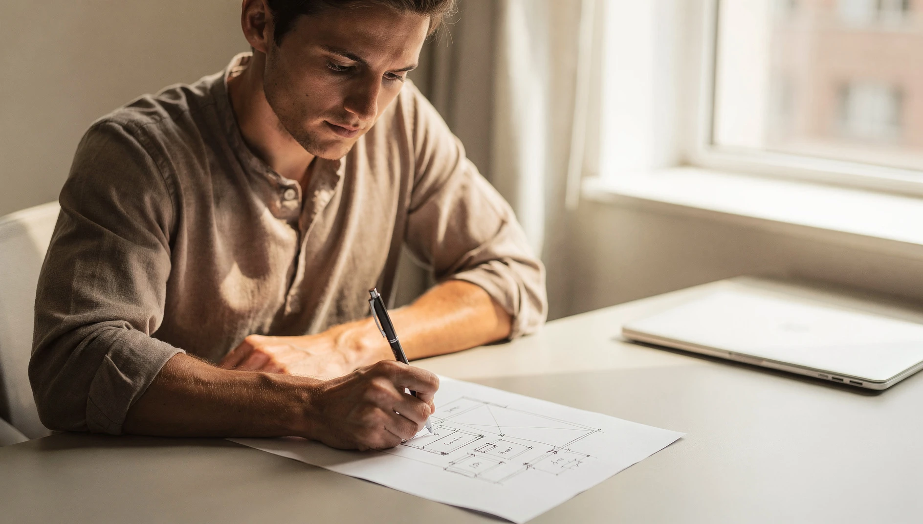 A coach sketching a structured outline on paper at a minimal desk with bright natural light and a focused expression