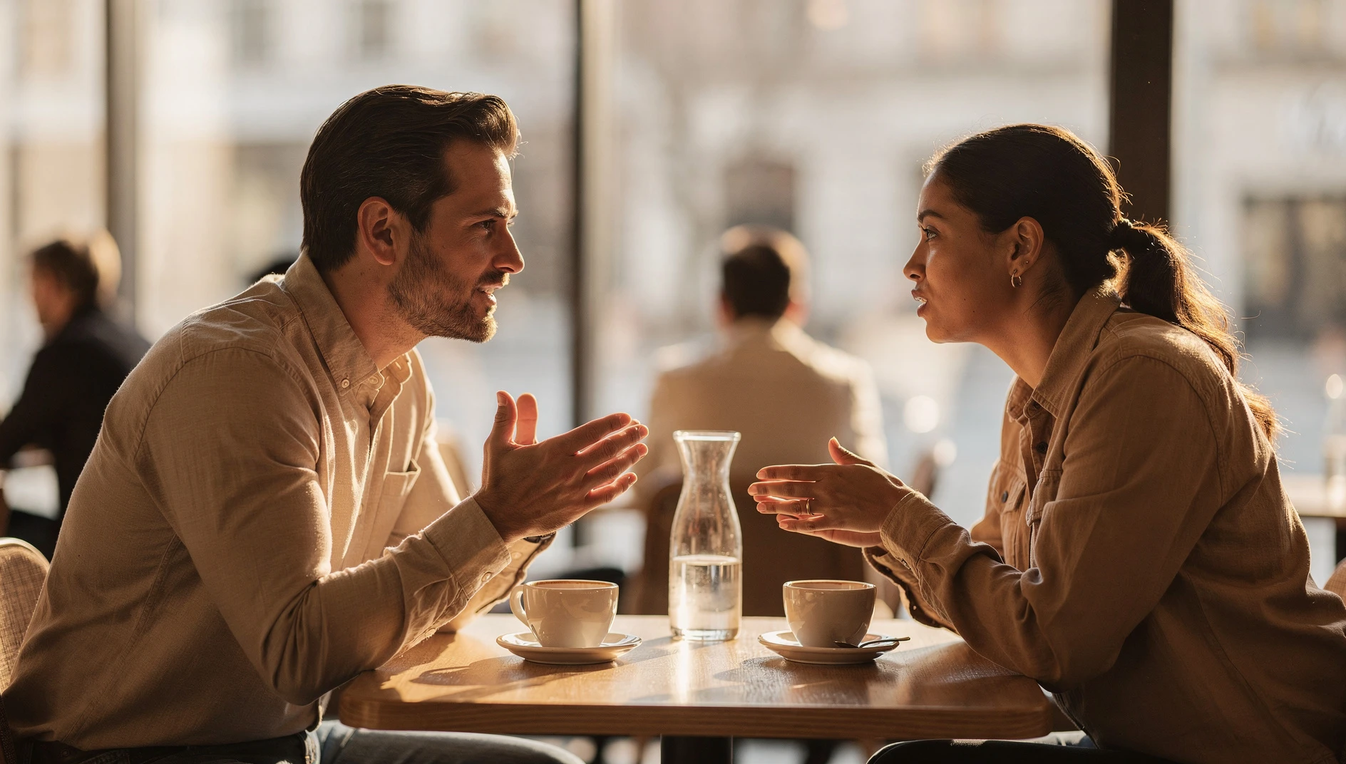 A coach having an engaged conversation with a potential client across a cafe table with coffee cups in warm afternoon light