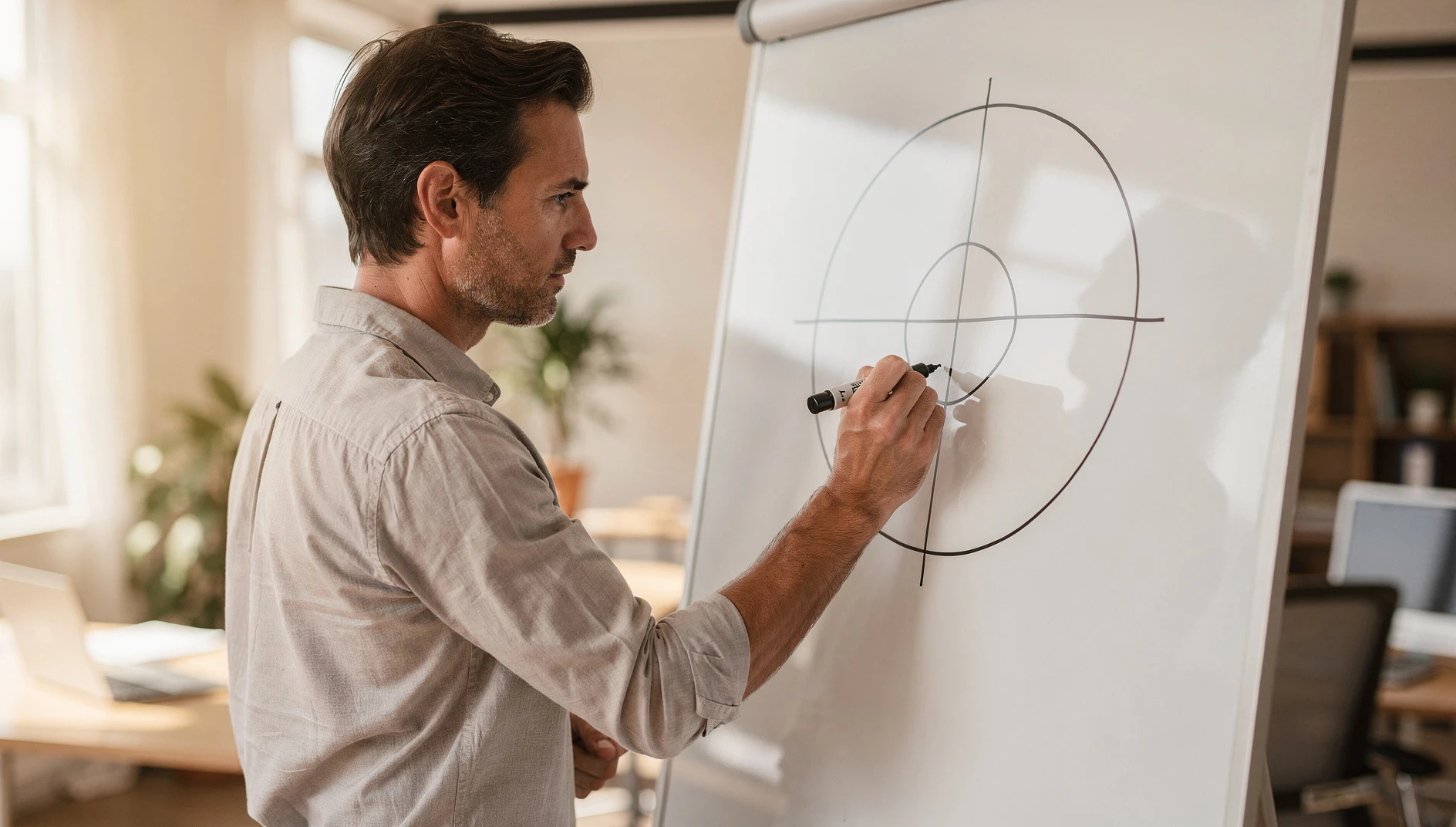 A person drawing a target on a whiteboard with a marker in a bright modern office