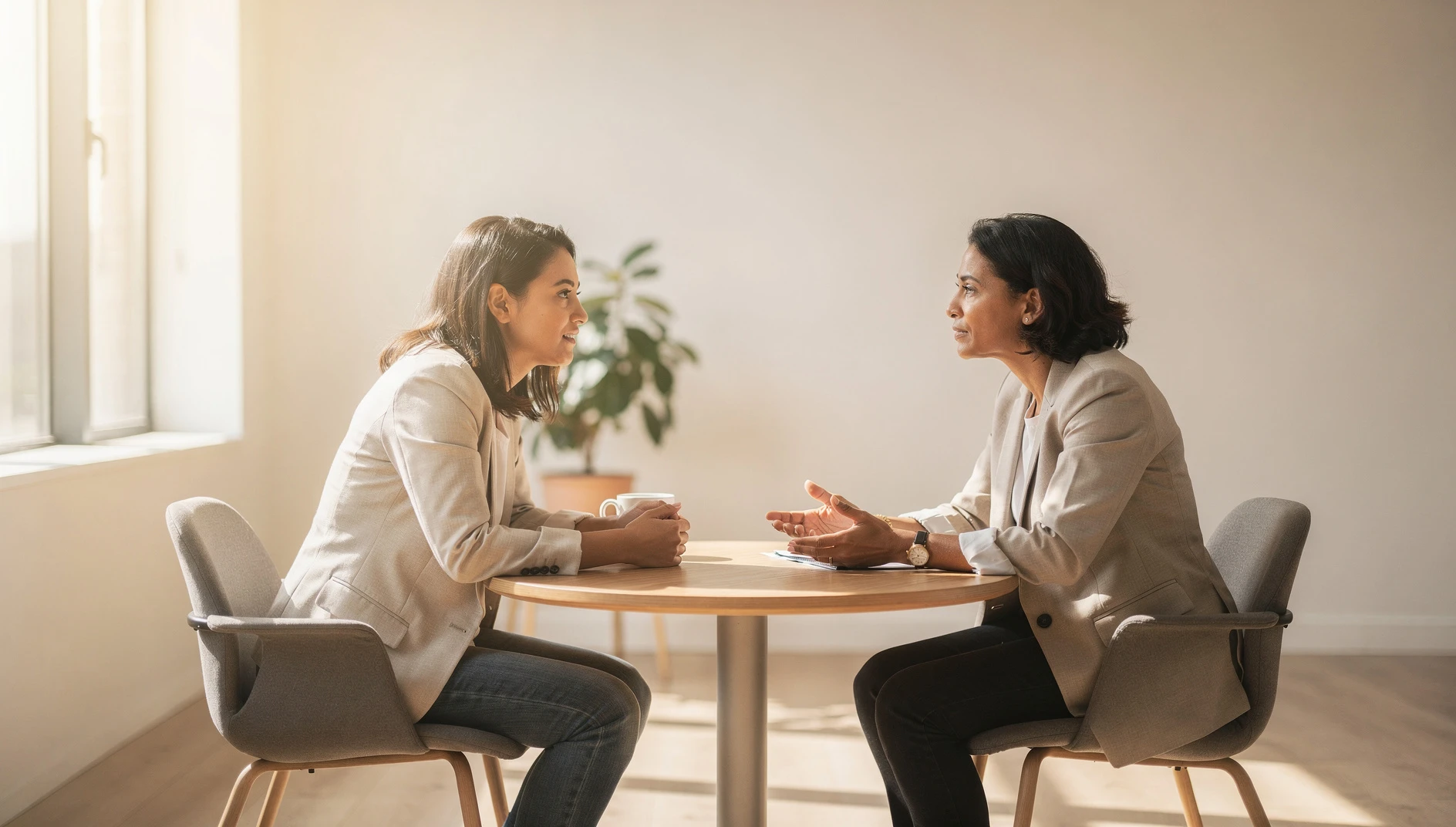 A coach and client in focused conversation across a small table in a bright minimal office
