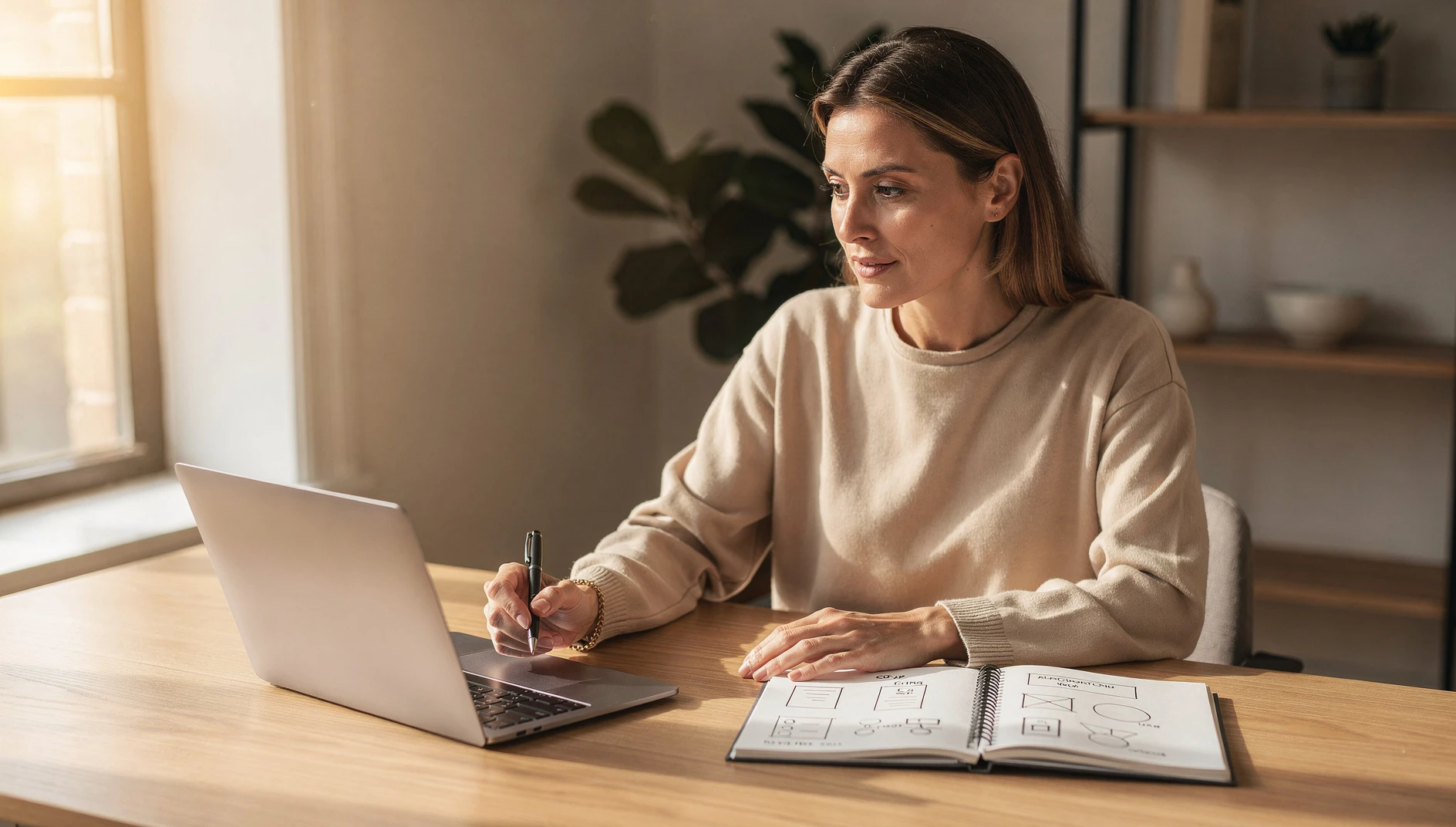 A professional sitting at a clean desk with a laptop and notebook in warm morning light planning their business