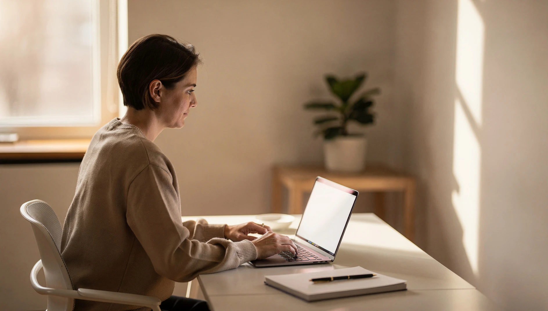 A professional sitting at a clean desk with a laptop open in warm natural light in a modern home office with a potted plant in the background