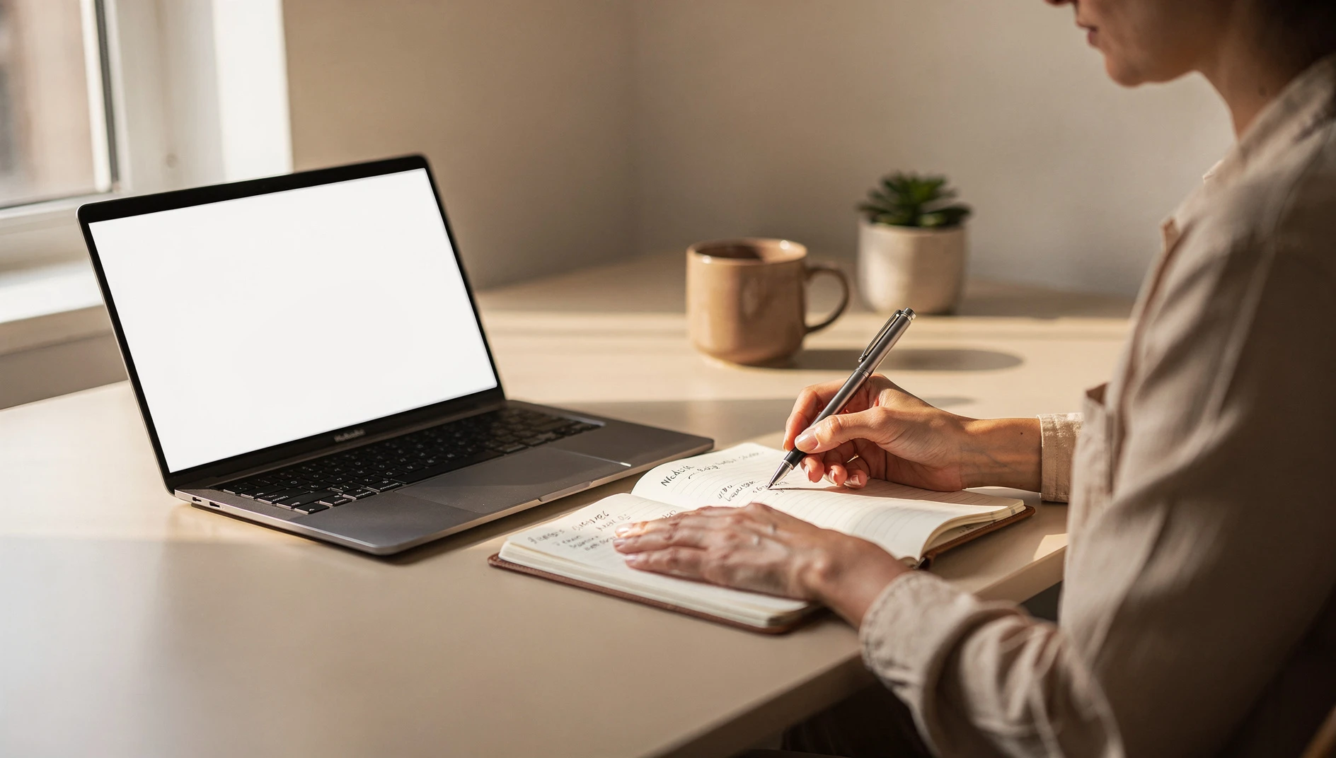 A professional writing session notes in a notebook at a clean desk with a laptop open beside them in soft window light