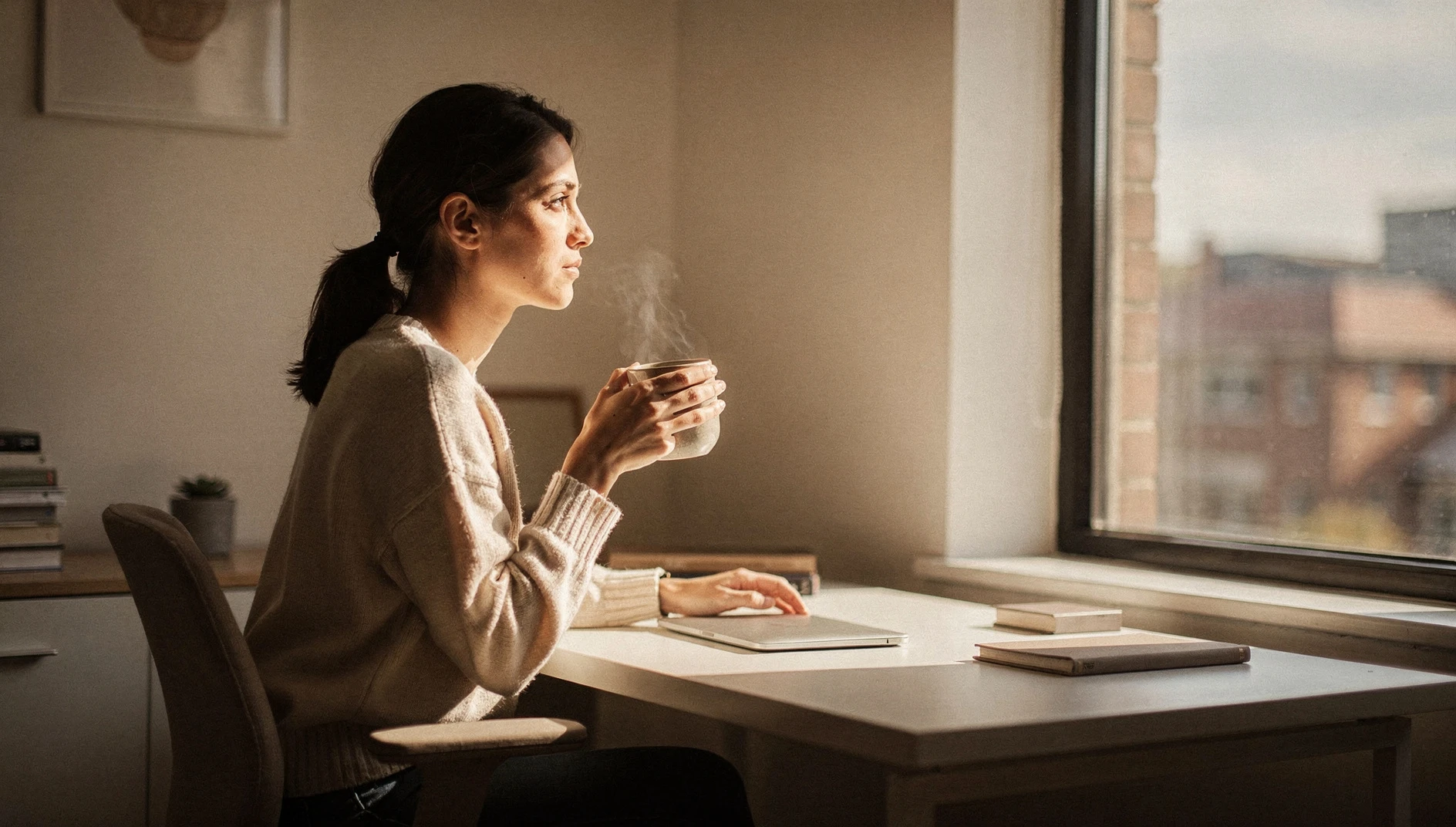 A person sitting at a desk looking thoughtfully out a window with coffee in soft daylight
