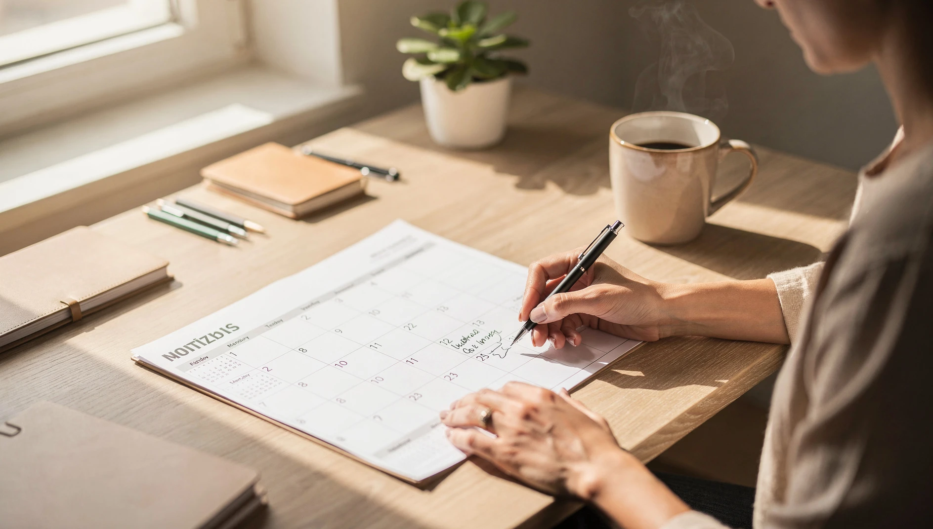 A person reviewing a printed monthly calendar and writing notes at a bright desk in warm natural light
