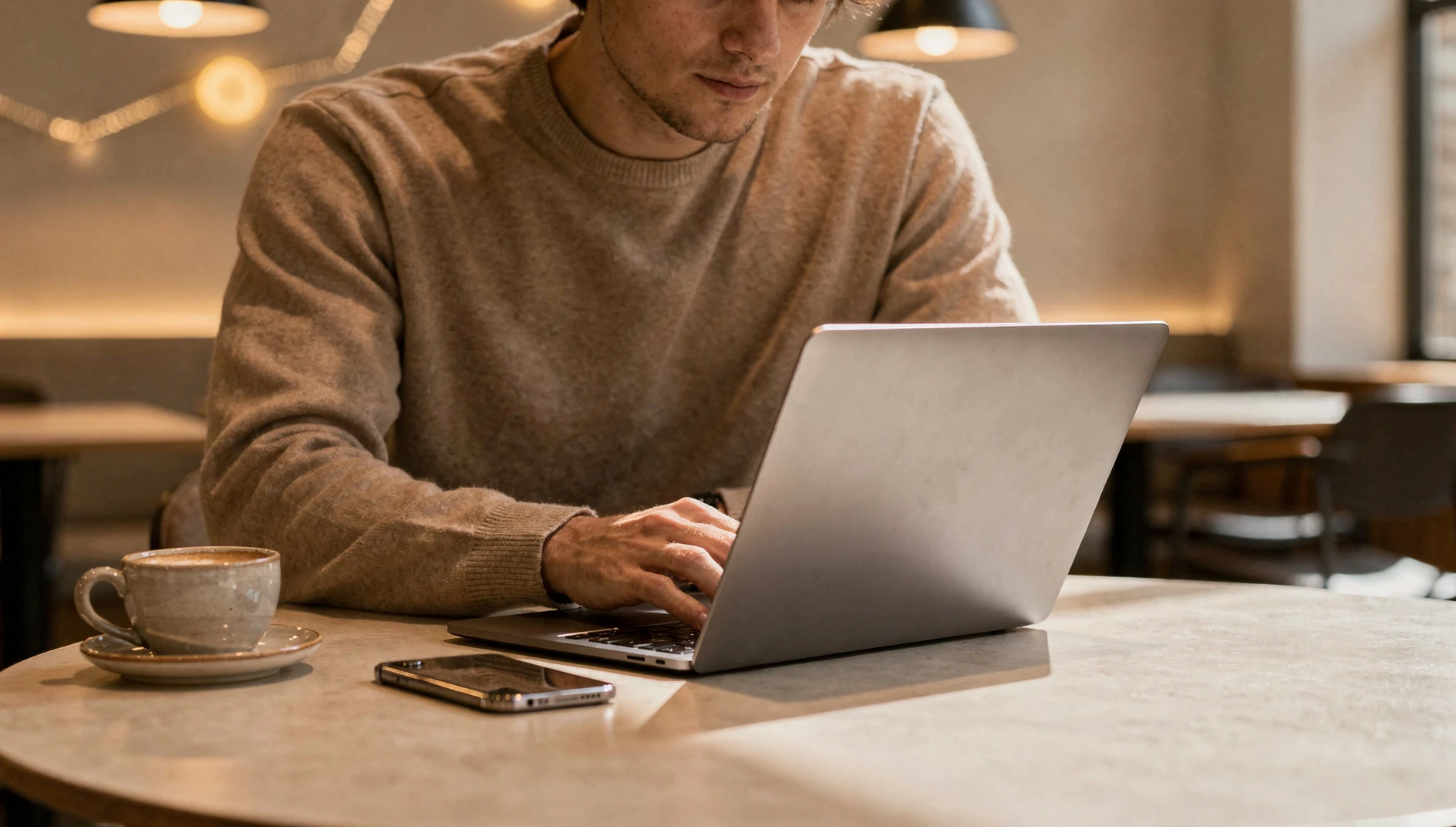 A person typing on a laptop at a modern cafe table in warm ambient lighting with coffee and a phone nearby