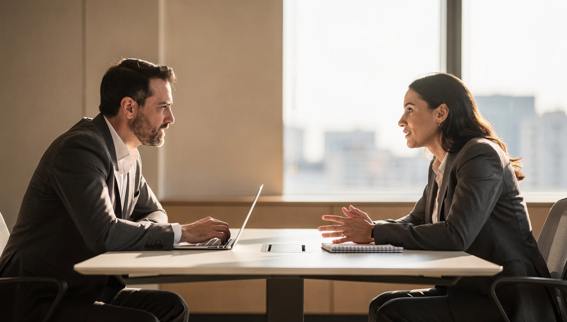 Two professionals in business attire having a focused conversation across a table in a quiet modern office