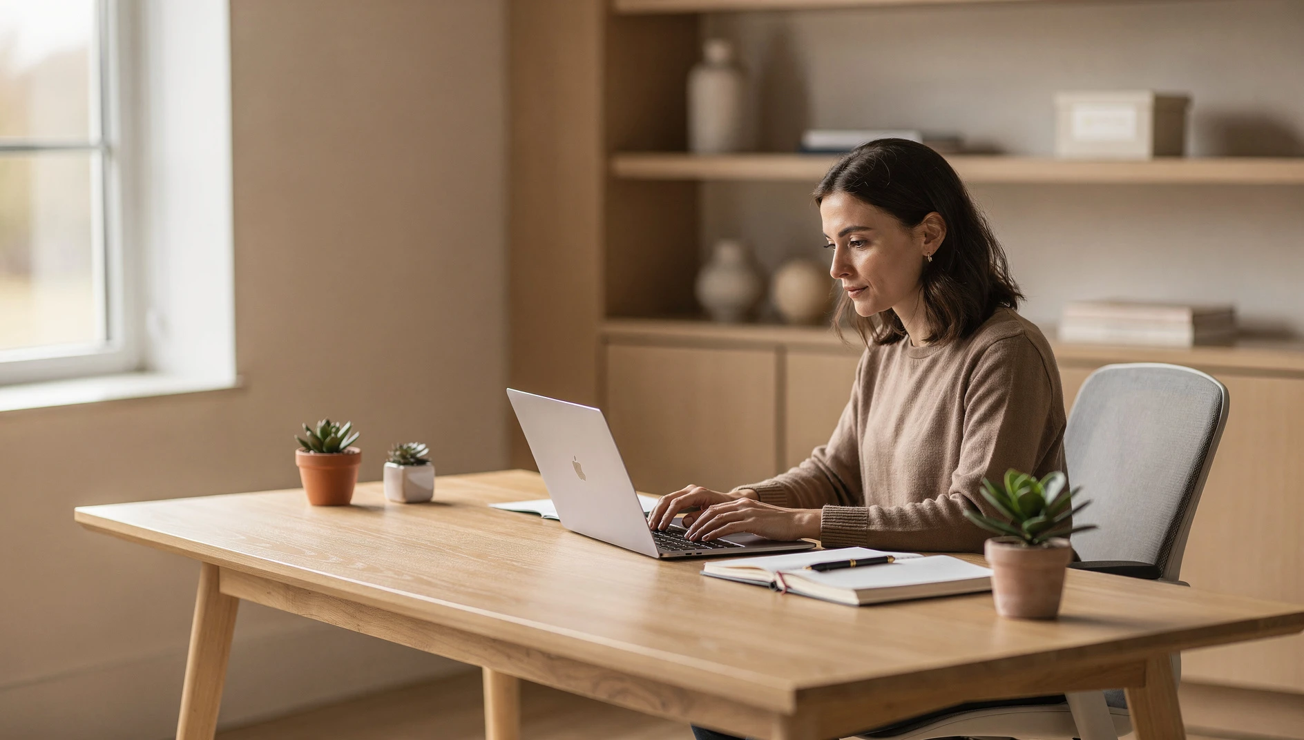A coach working on a laptop at a tidy desk organized and focused in soft natural light in a modern home office