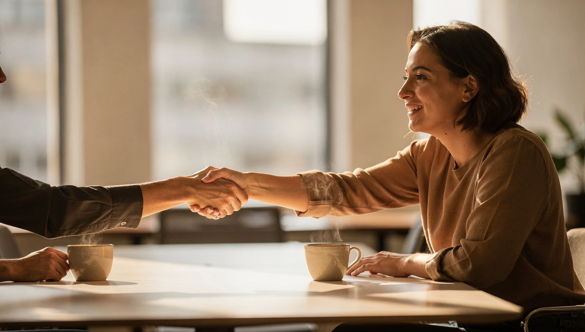 Two people shaking hands across a table in a bright meeting space with coffee cups and warm natural light