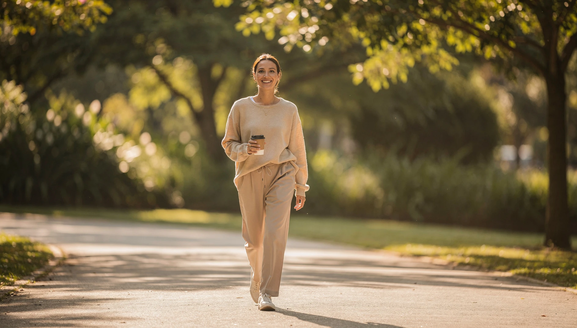 A person walking outdoors with a coffee cup in a relaxed posture with sunny morning light and green surroundings conveying calm and freedom