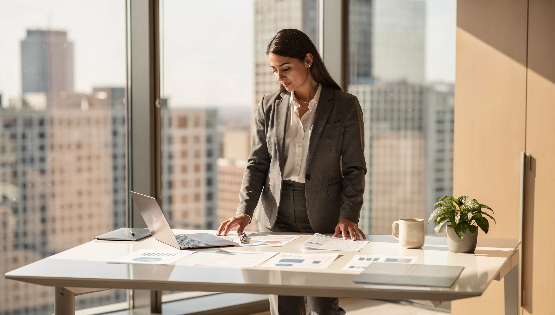 A confident professional reviewing documents at a standing desk with a city view through the window in bright natural light