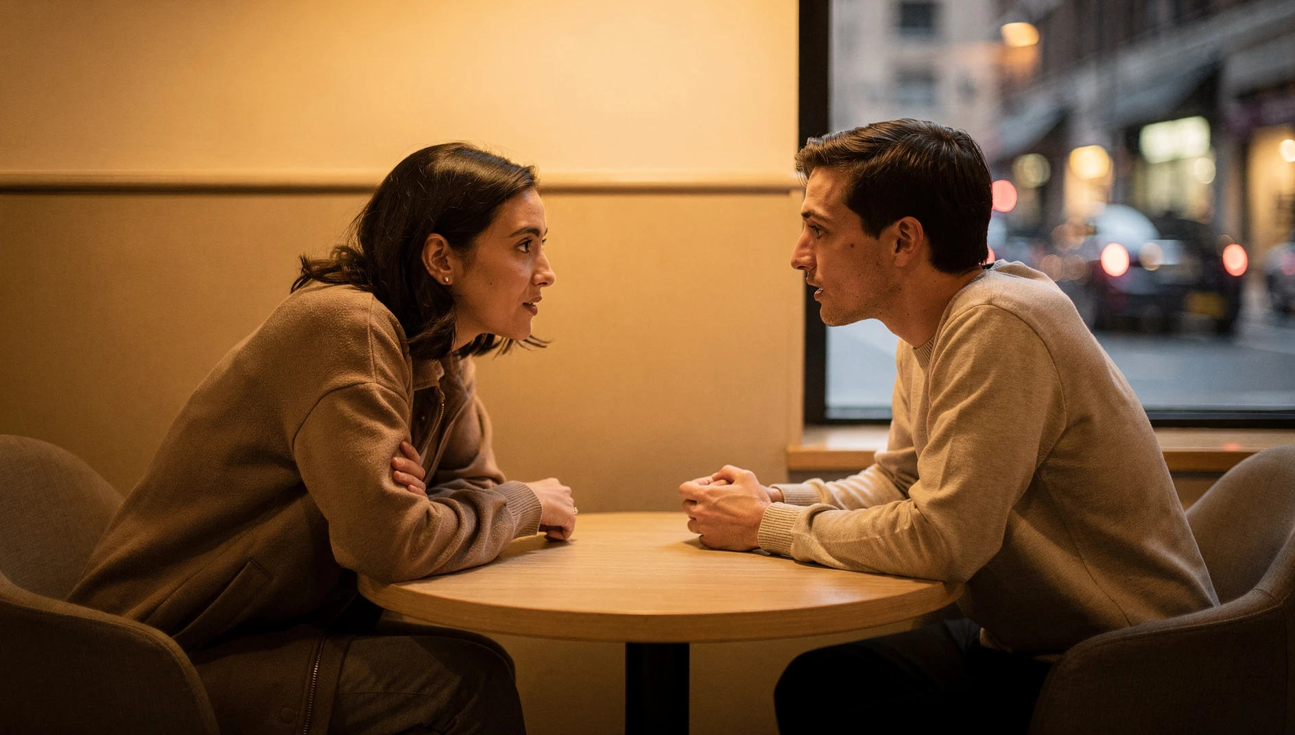 Two people in an engaged conversation across a café table with warm lighting