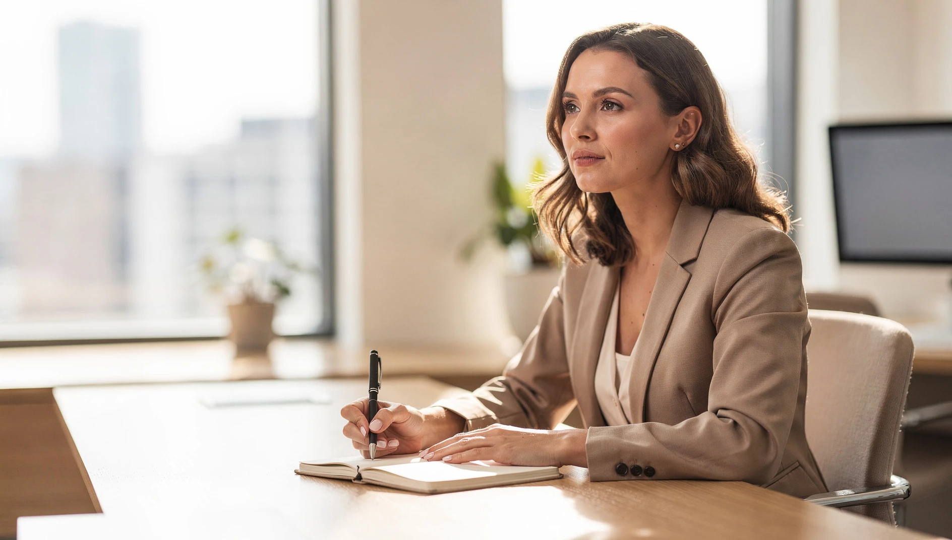 A thoughtful professional pausing at their desk with pen in hand looking reflective in a bright naturally lit office setting