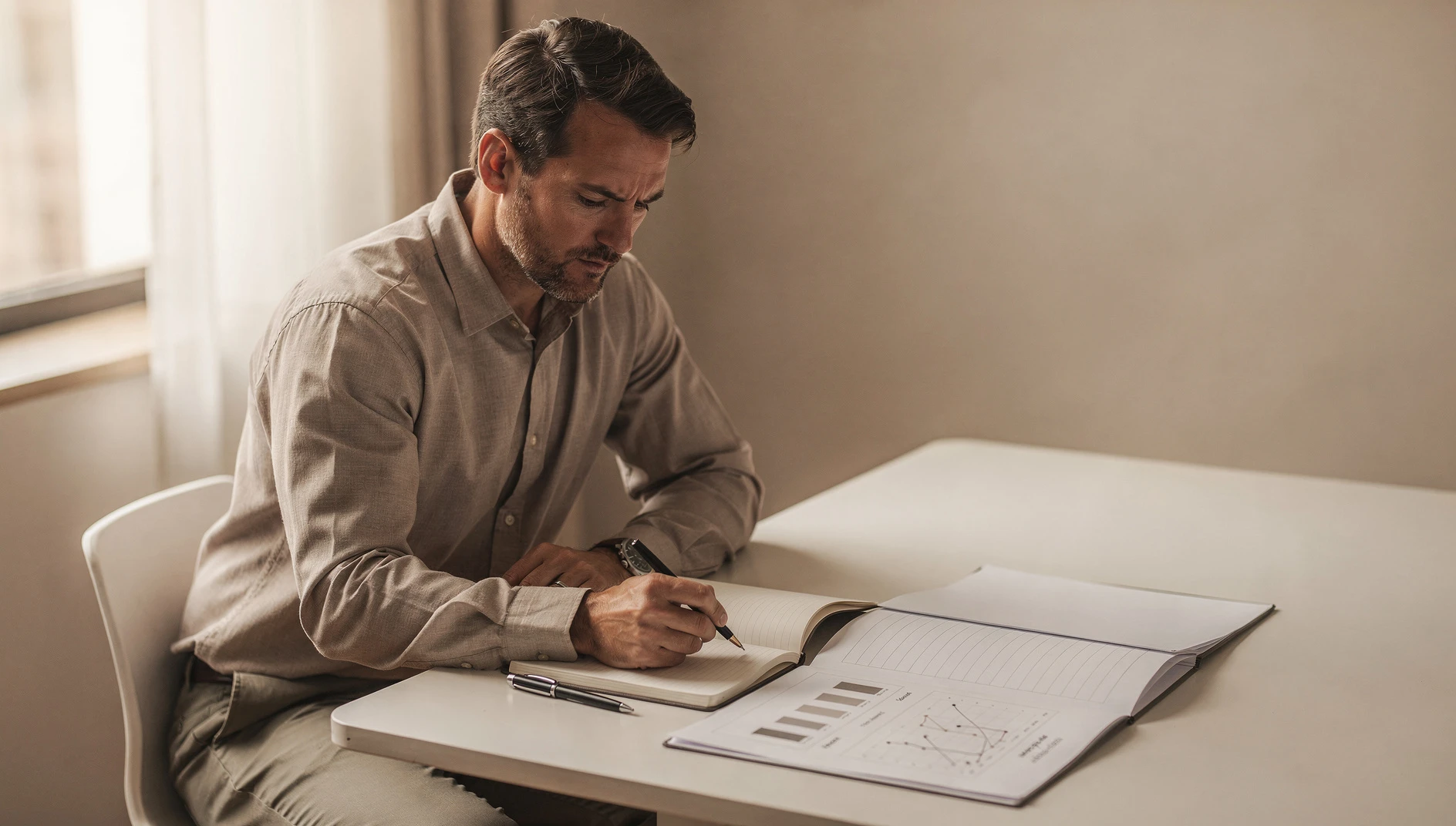 A coach reviewing a notebook and progress chart at a wooden desk with soft window light and a minimal workspace