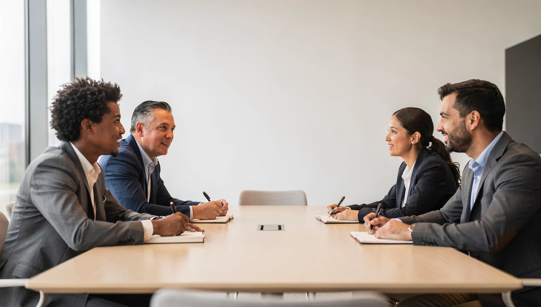 A diverse group of four professionals in a modern bright meeting room engaged in discussion with notebooks open