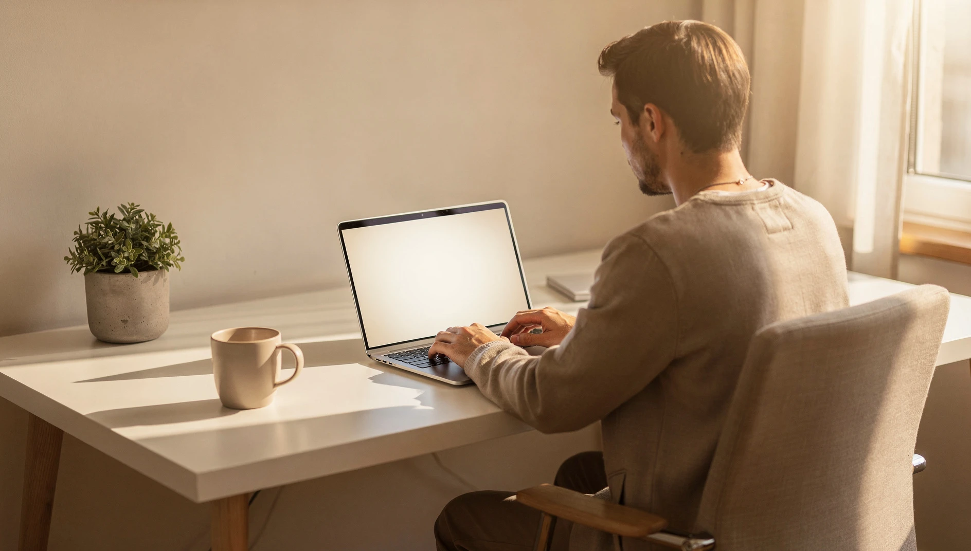 A person typing an email on a laptop at a bright home desk with warm morning light